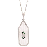 KREMENTZ Art Deco 14k Rock Quartz Crystal, Diamond, & Enamel Pendant Necklace