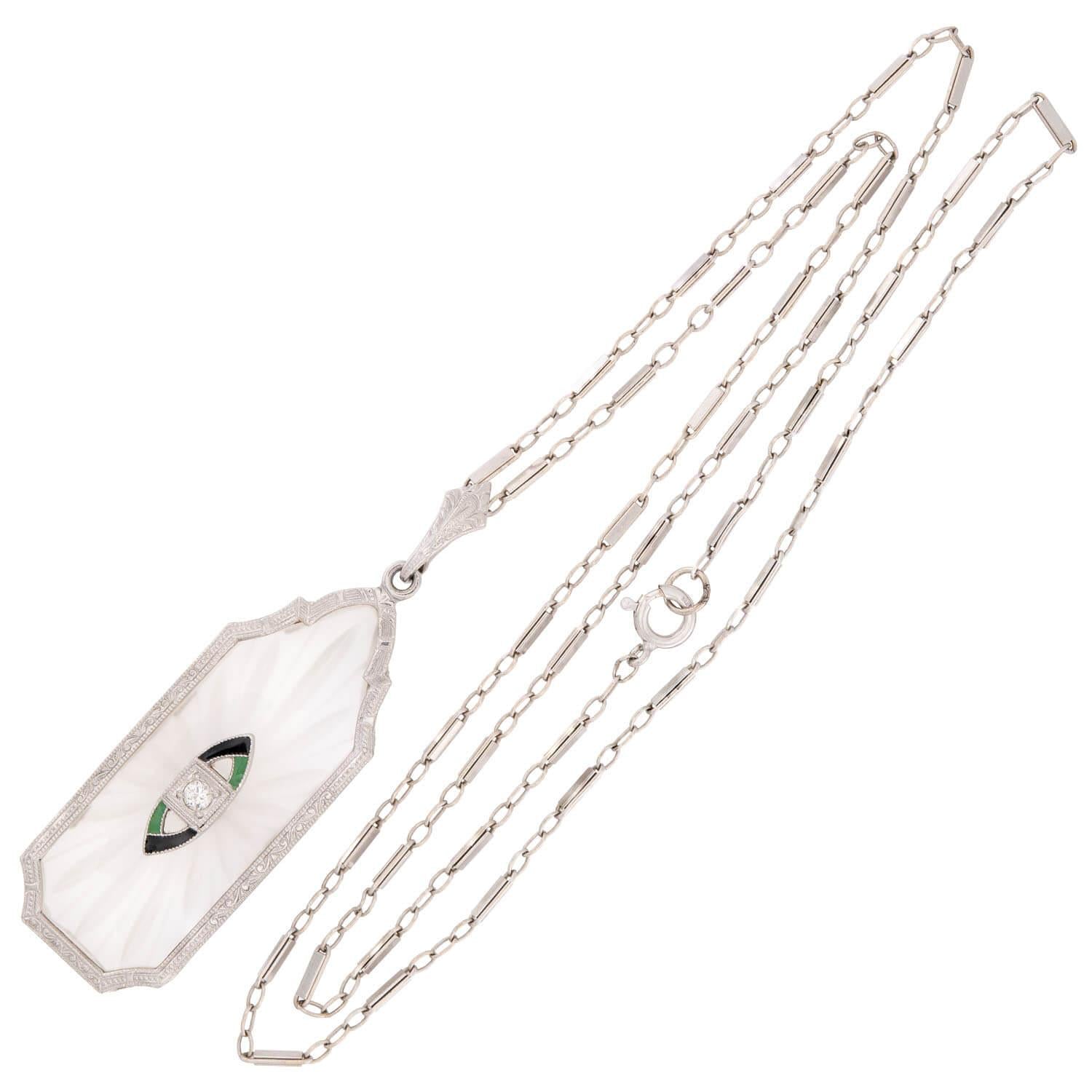 KREMENTZ Art Deco 14k Rock Quartz Crystal, Diamond, & Enamel Pendant Necklace
