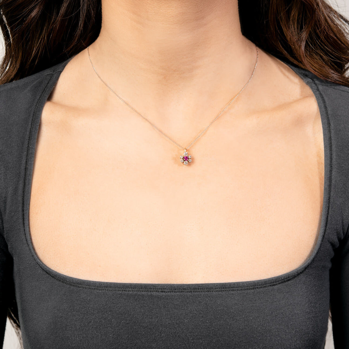 Victorian 14k Ruby and Diamond Floral-Motif Pendant Necklace