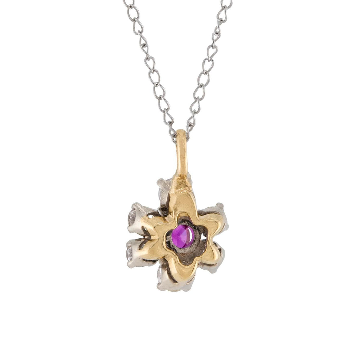 Victorian 14k Ruby and Diamond Floral-Motif Pendant Necklace