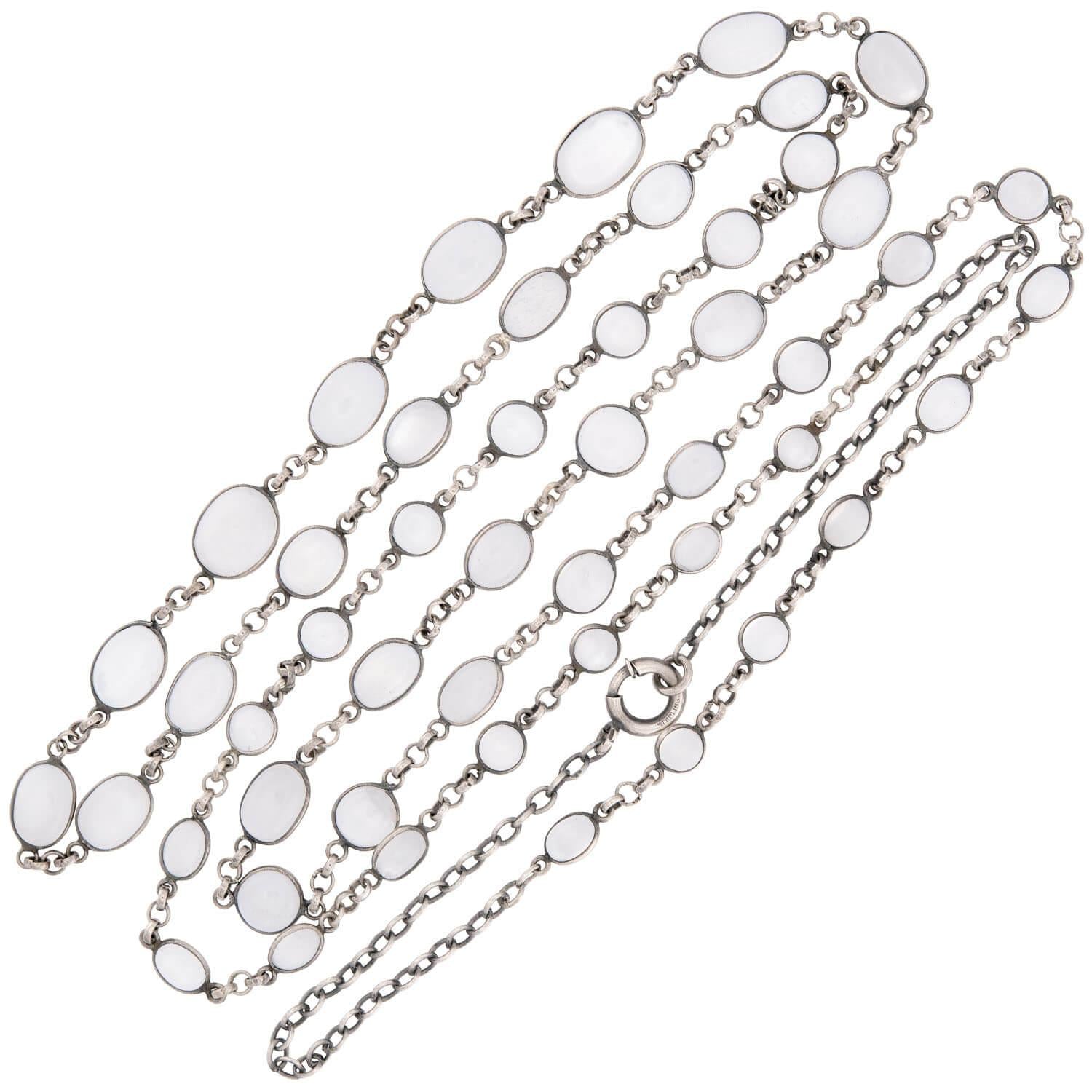 Art Nouveau Sterling Silver Moonstone Link Necklace 36"
