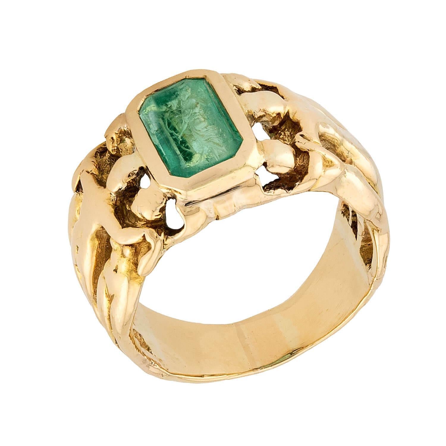 FRANK WALTER LAWRENCE Art Nouveau 18k Emerald Intaglio Ring