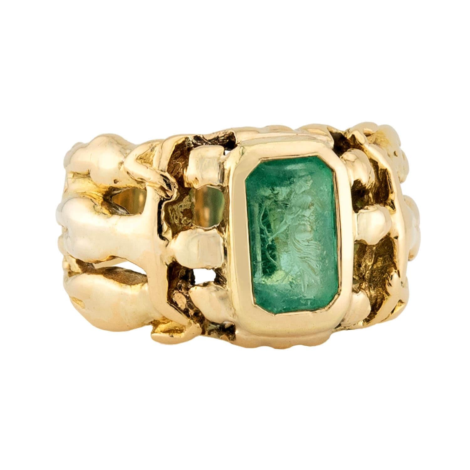 FRANK WALTER LAWRENCE Art Nouveau 18k Emerald Intaglio Ring