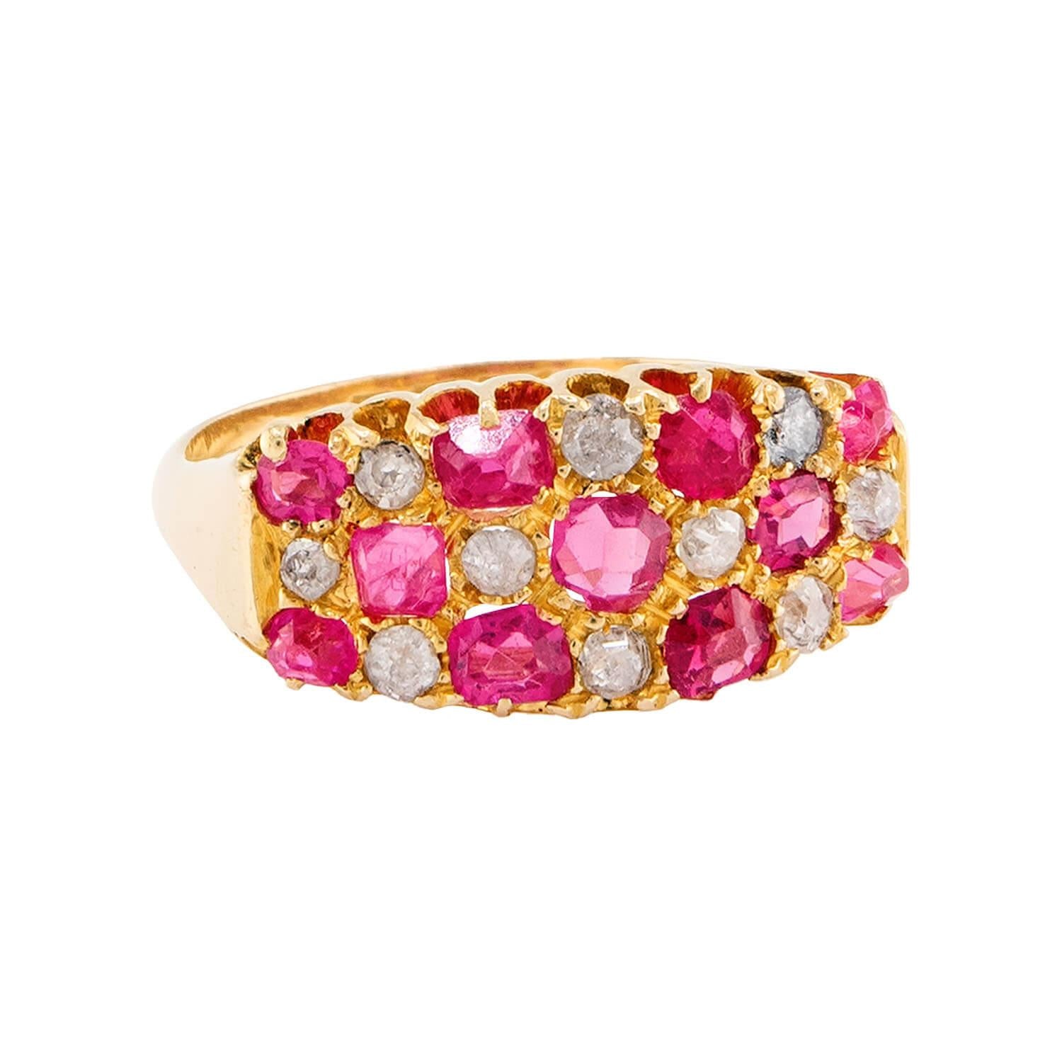 Edwardian English 18k Ruby & Diamond Checkerboard Ring