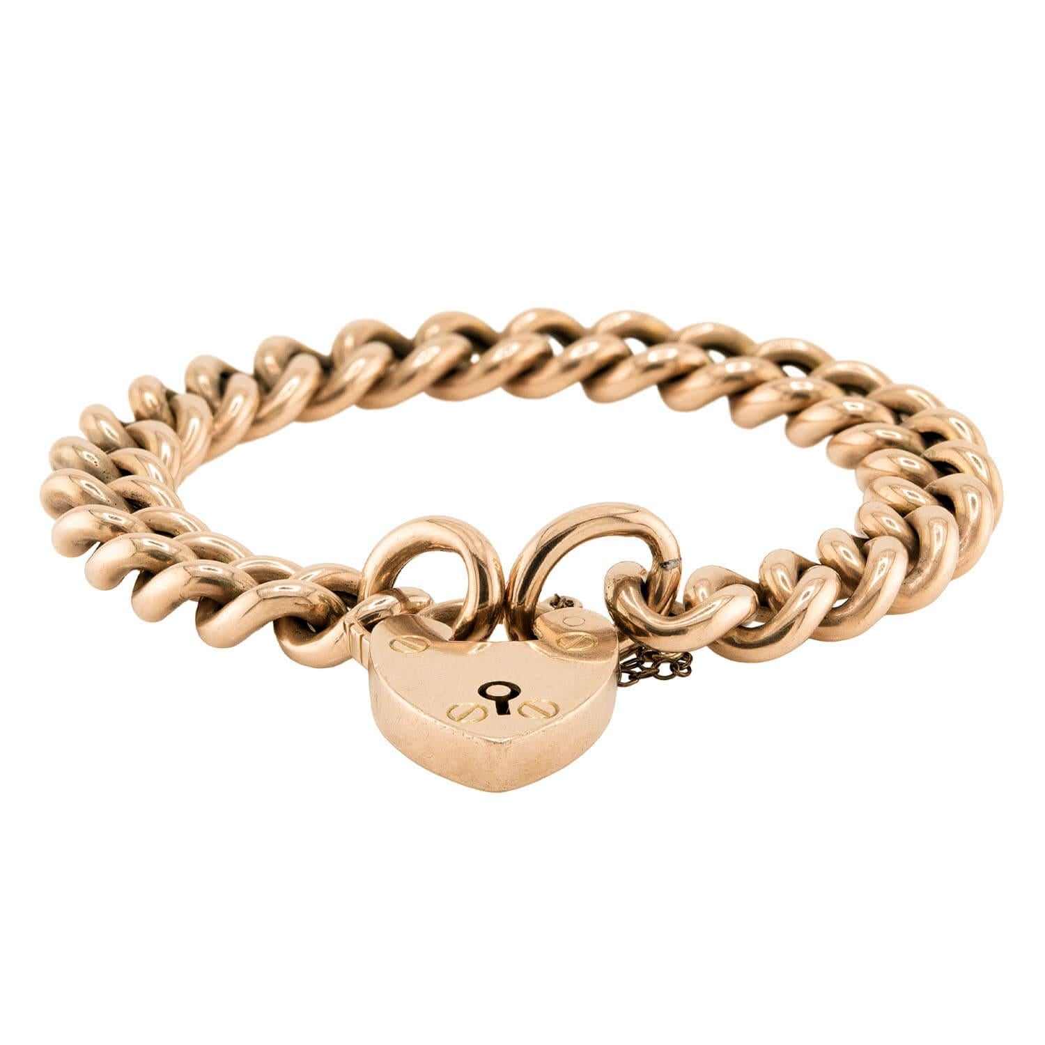 Victorian 9k Heart Padlock Curb Link Bracelet