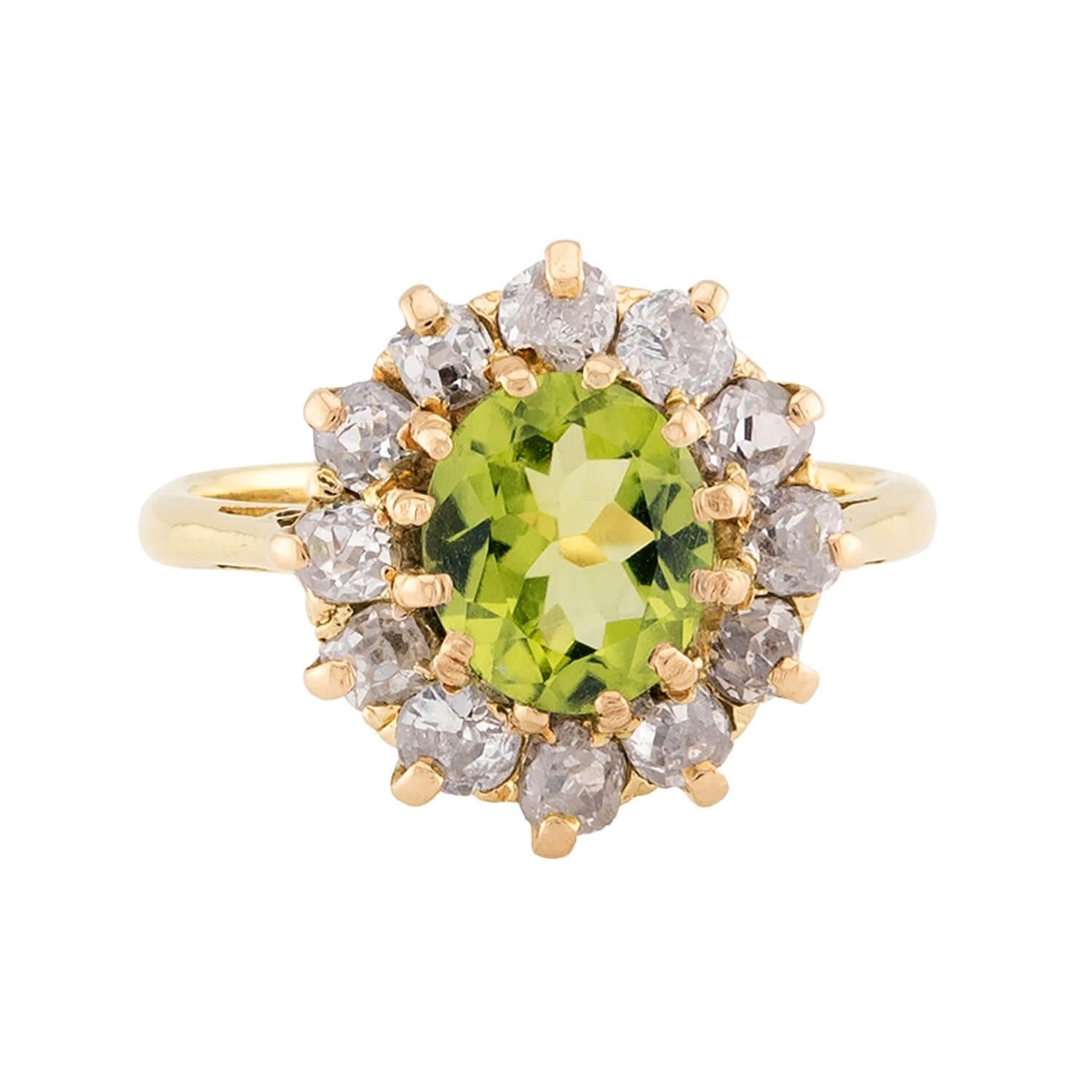 Edwardian English 18k Peridot & Diamond Halo Ring