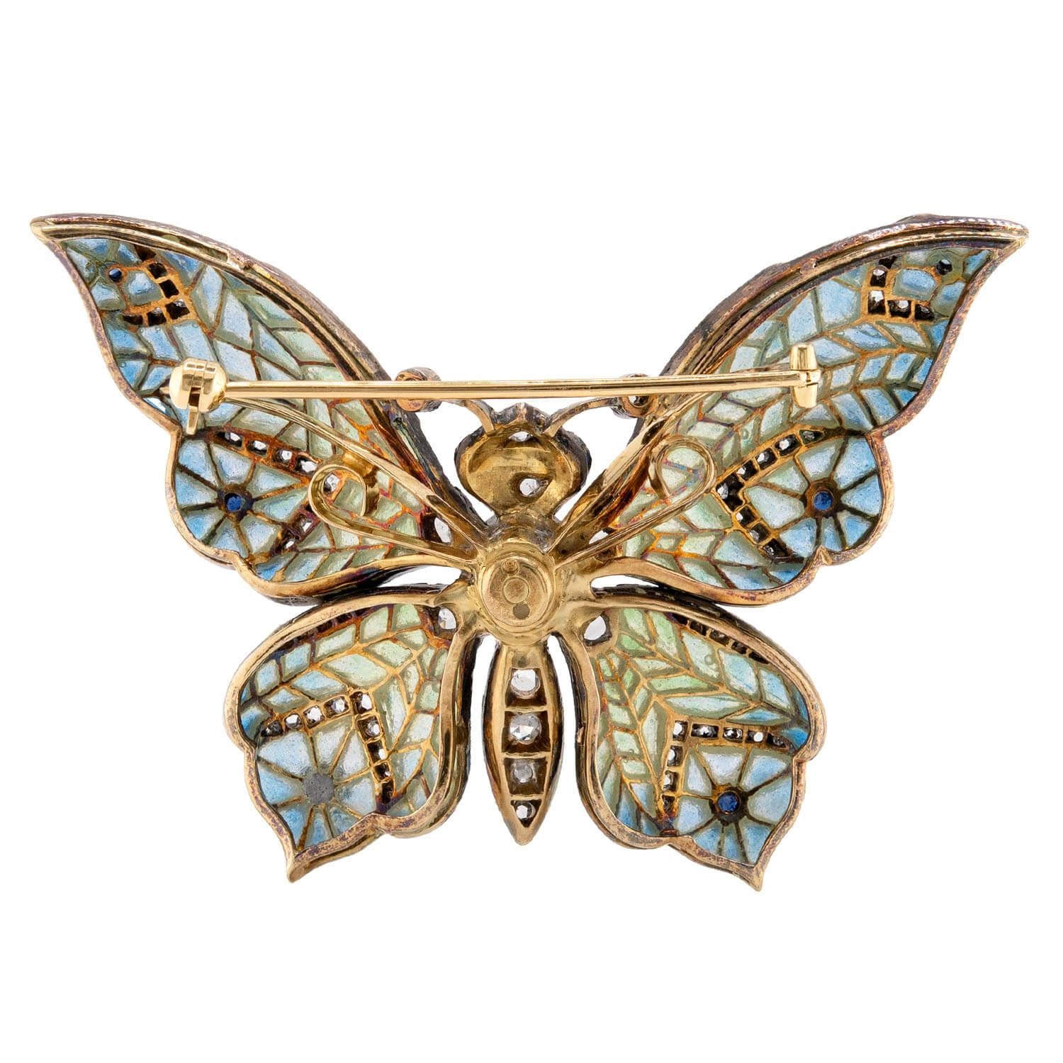 Edwardian 18k/Sterling Plique-À-Jour Sapphire, Ruby, & Diamond Butterfly Brooch