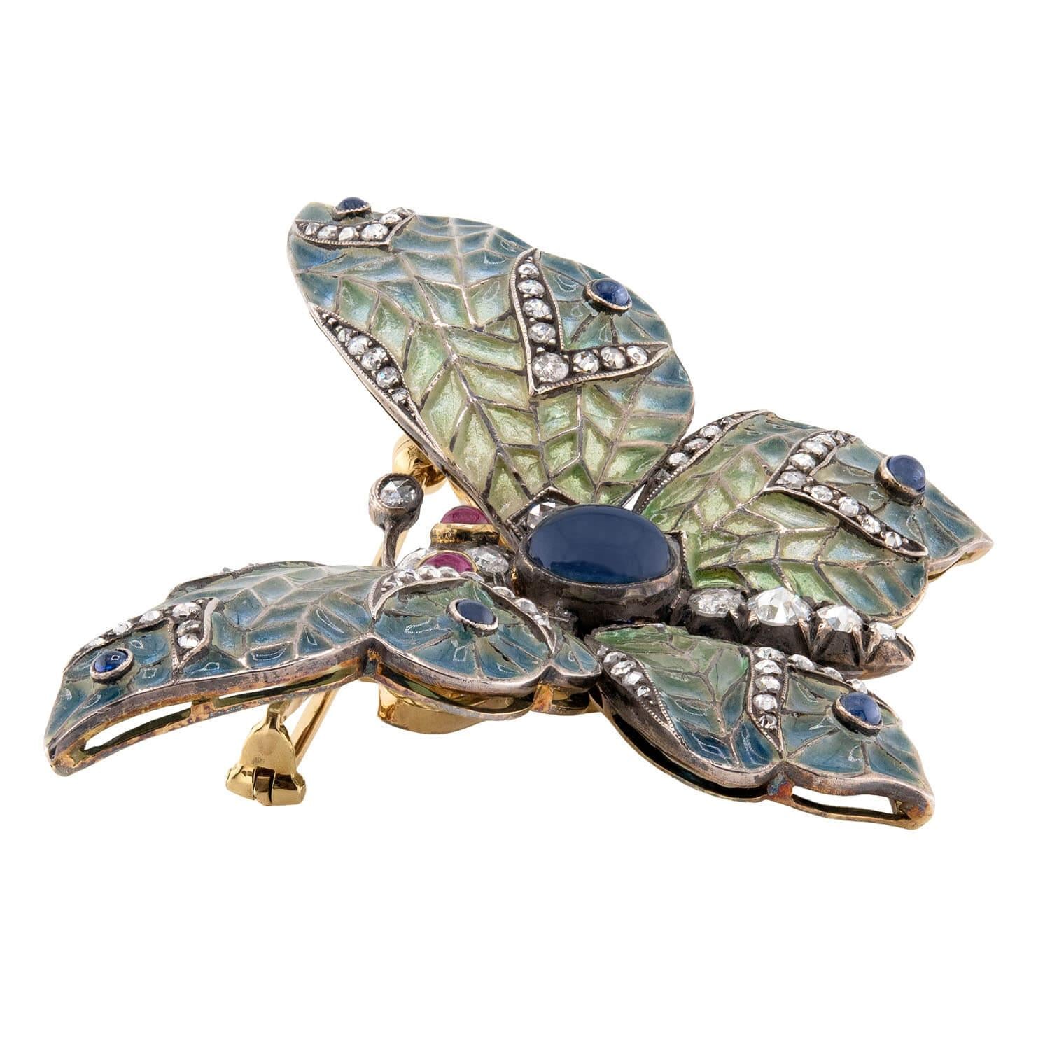 Edwardian 18k/Sterling Plique-À-Jour Sapphire, Ruby, & Diamond Butterfly Brooch