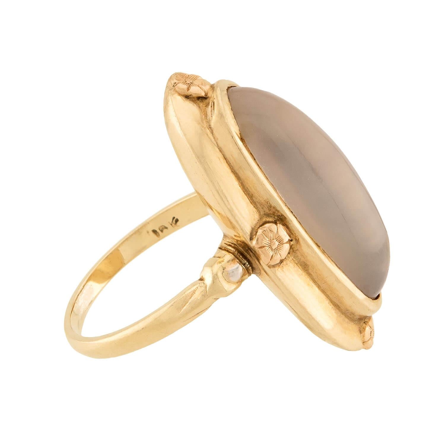 Arts & Crafts 14k Chalcedony Navette Ring