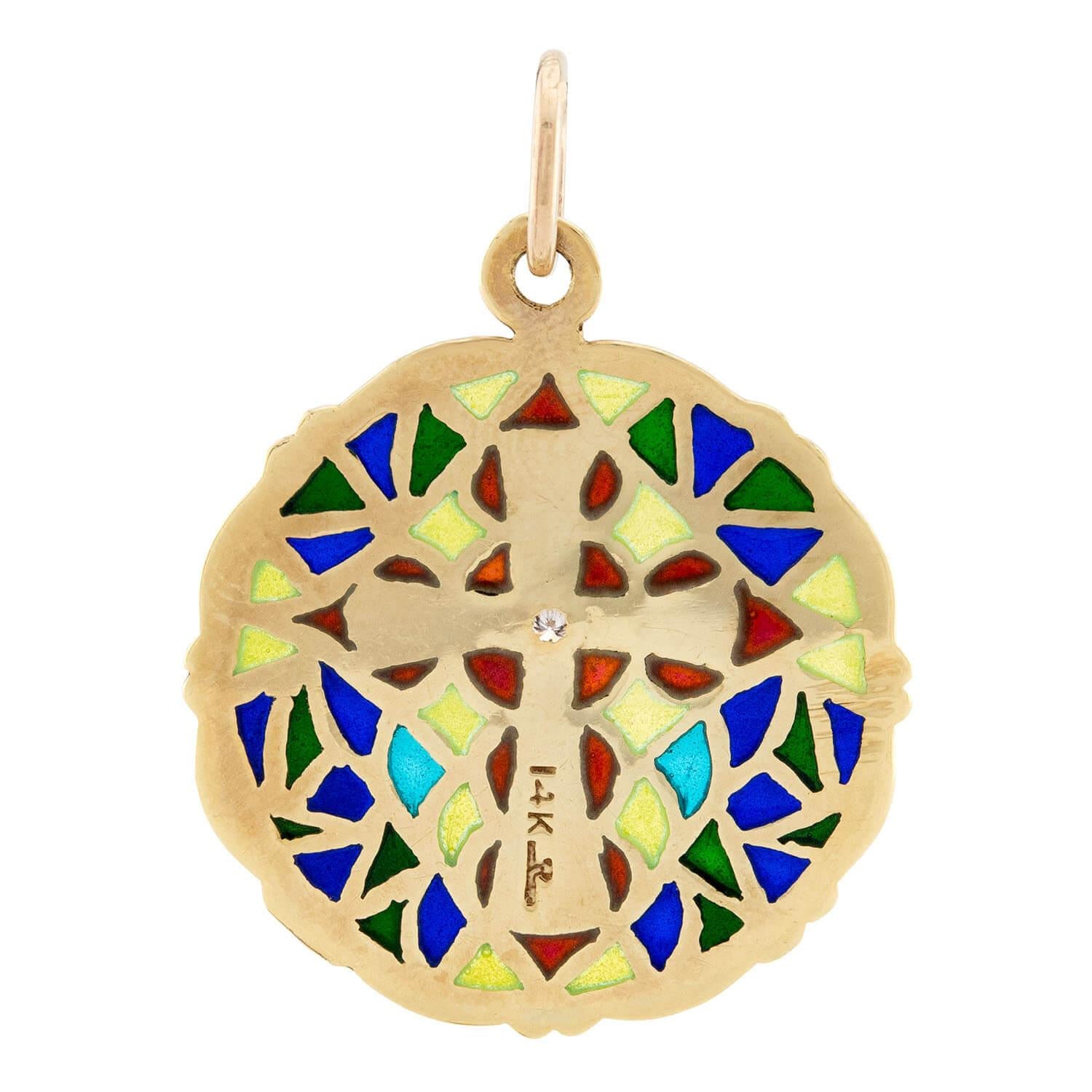 LARTER & SONS Art Nouveau 14k Plique-À-Jour Diamond Cross Disc Pendant