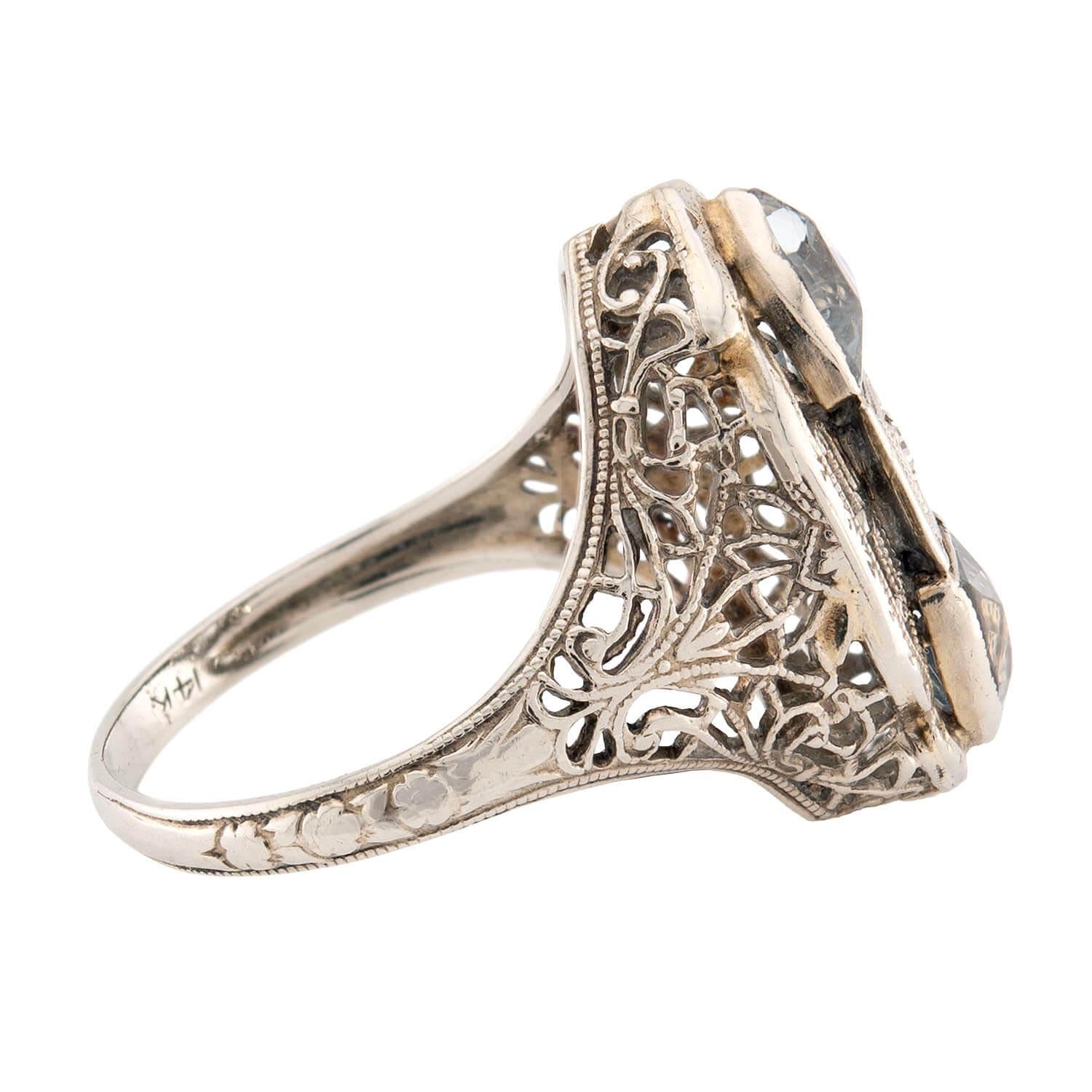 Art Deco 14k Aqua & Diamond Navette Ring