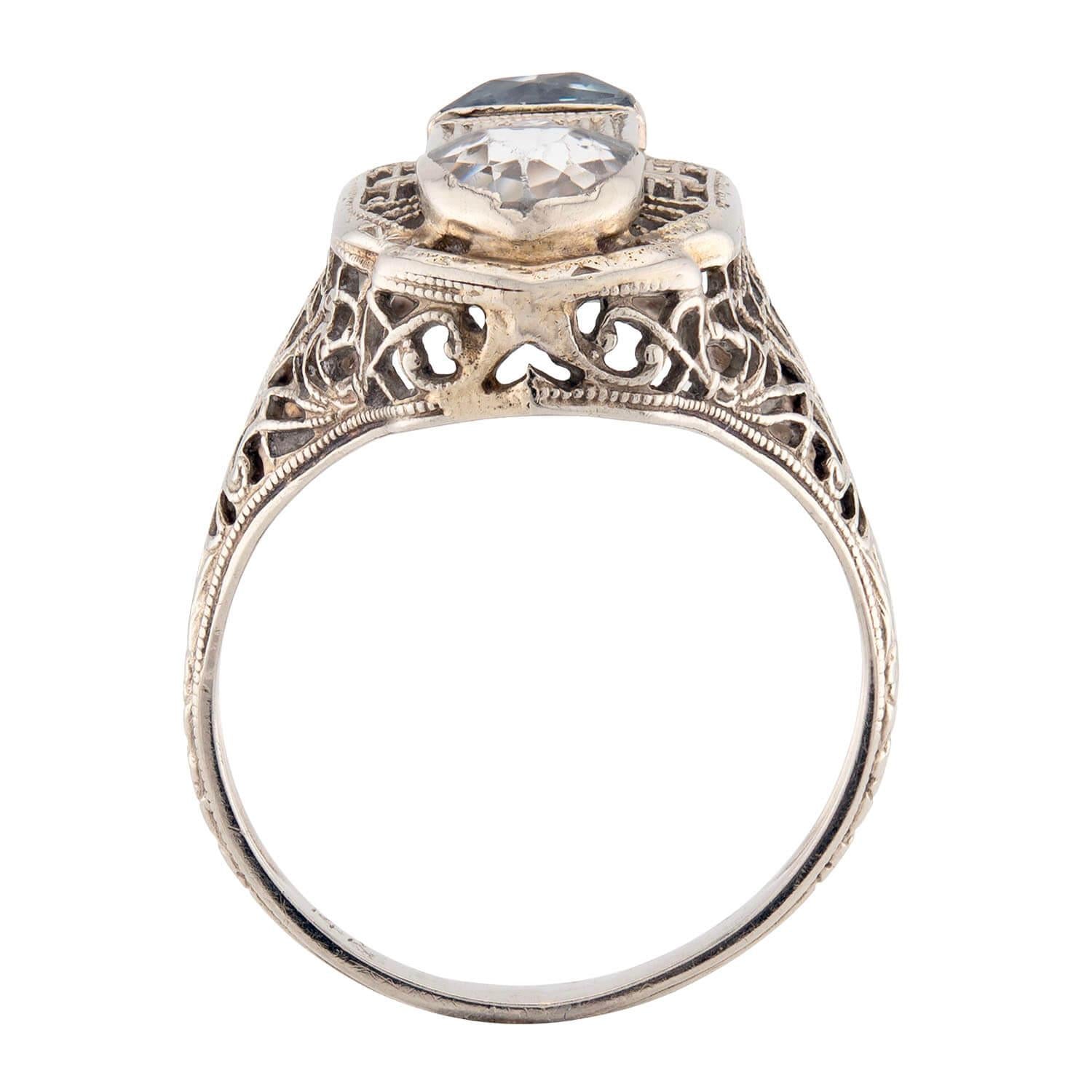 Art Deco 14k Aqua & Diamond Navette Ring