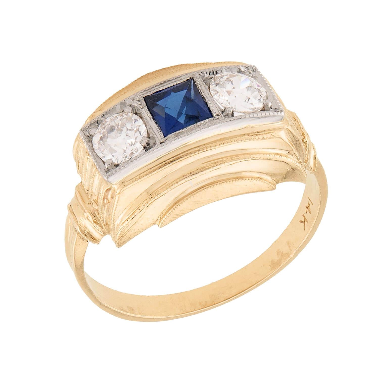 Retro 14k Sapphire & Diamond Three Stone Ring
