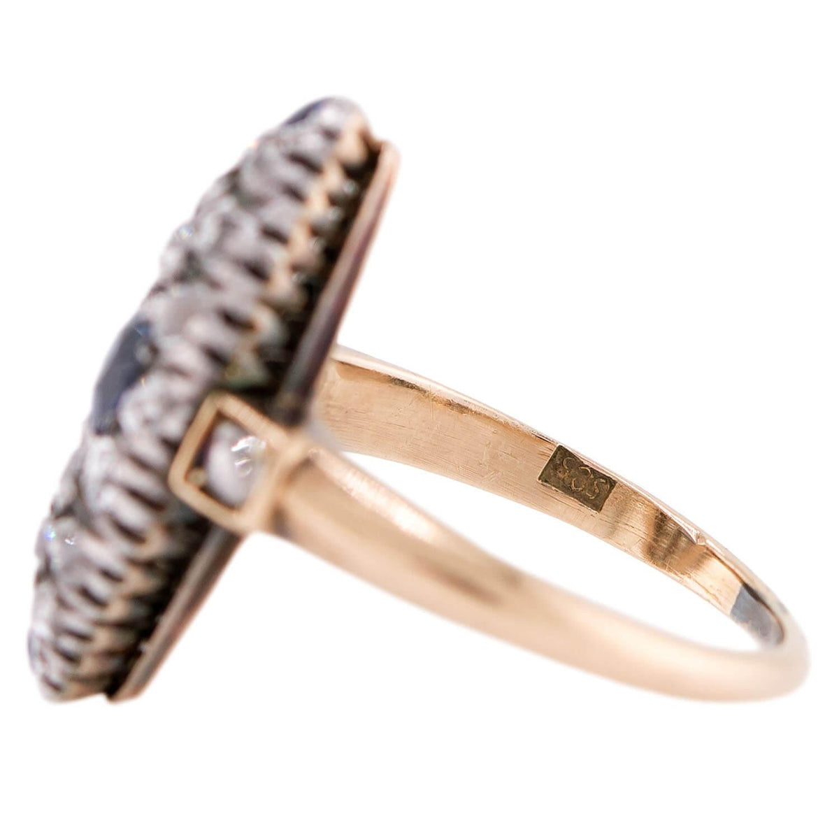 Victorian 14k/Sterling Silver Diamond & Sapphire Navette Ring