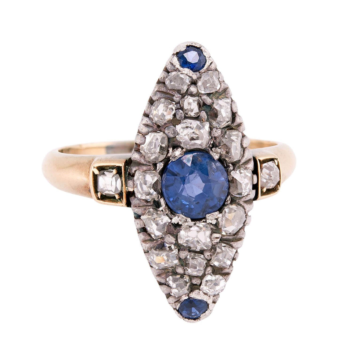 Victorian 14k/Sterling Silver Diamond & Sapphire Navette Ring