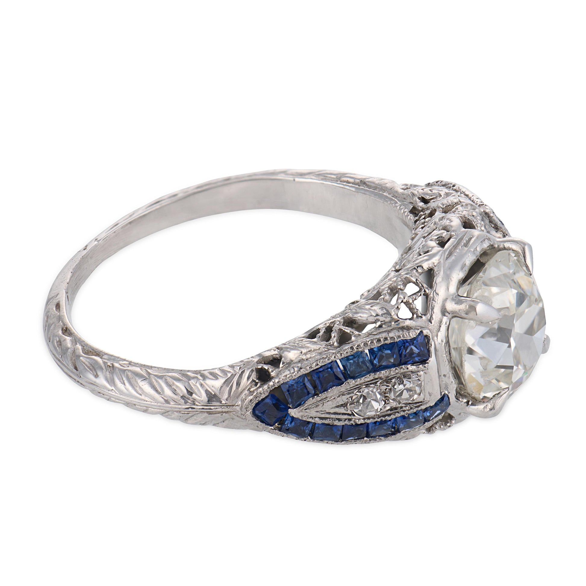 Art Deco Platinum Diamond & Sapphire Engagement Ring 1.59ct