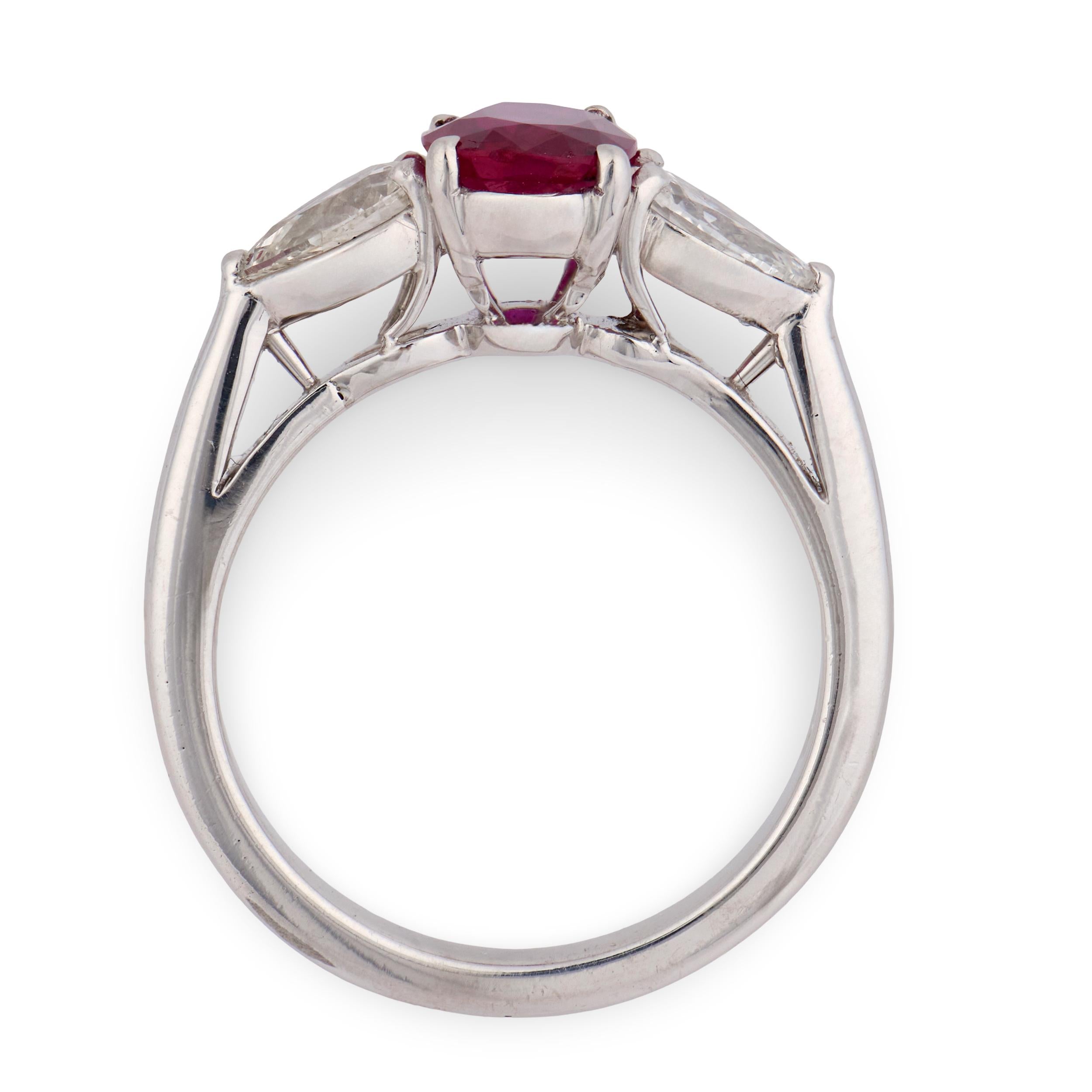 Estate Platinum GIA Ruby & Diamond Three Stone Ring