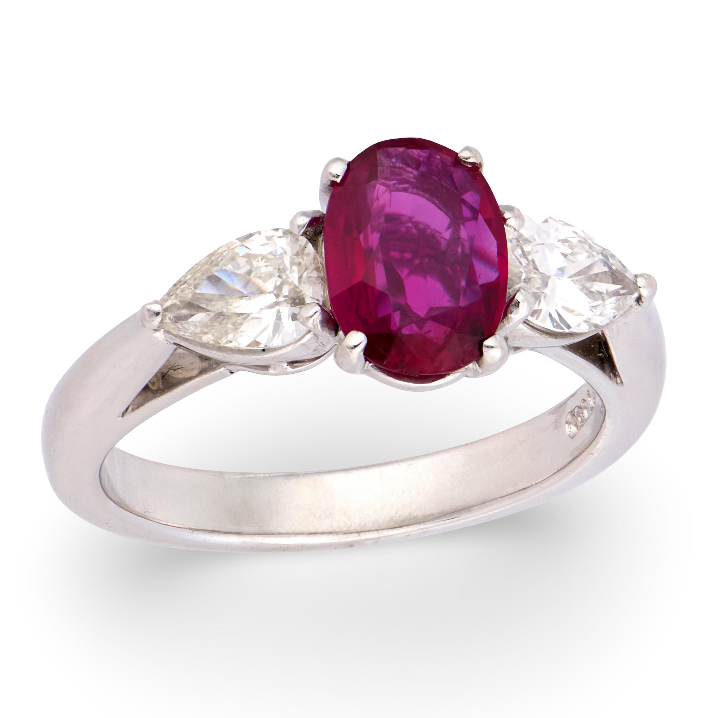 Estate Platinum GIA Ruby & Diamond Three Stone Ring