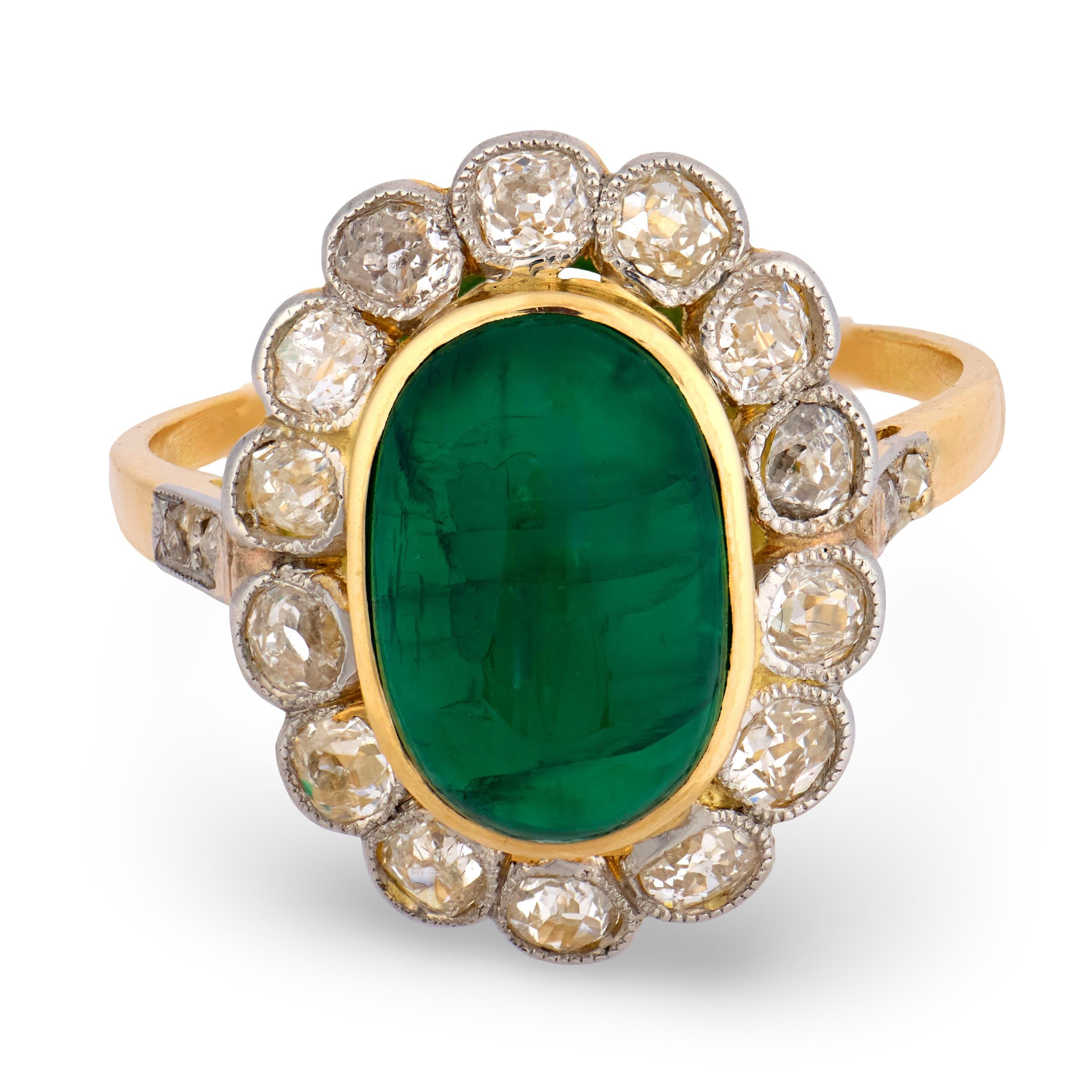 Edwardian French 18k/Platinum Emerald & Diamond Halo Ring