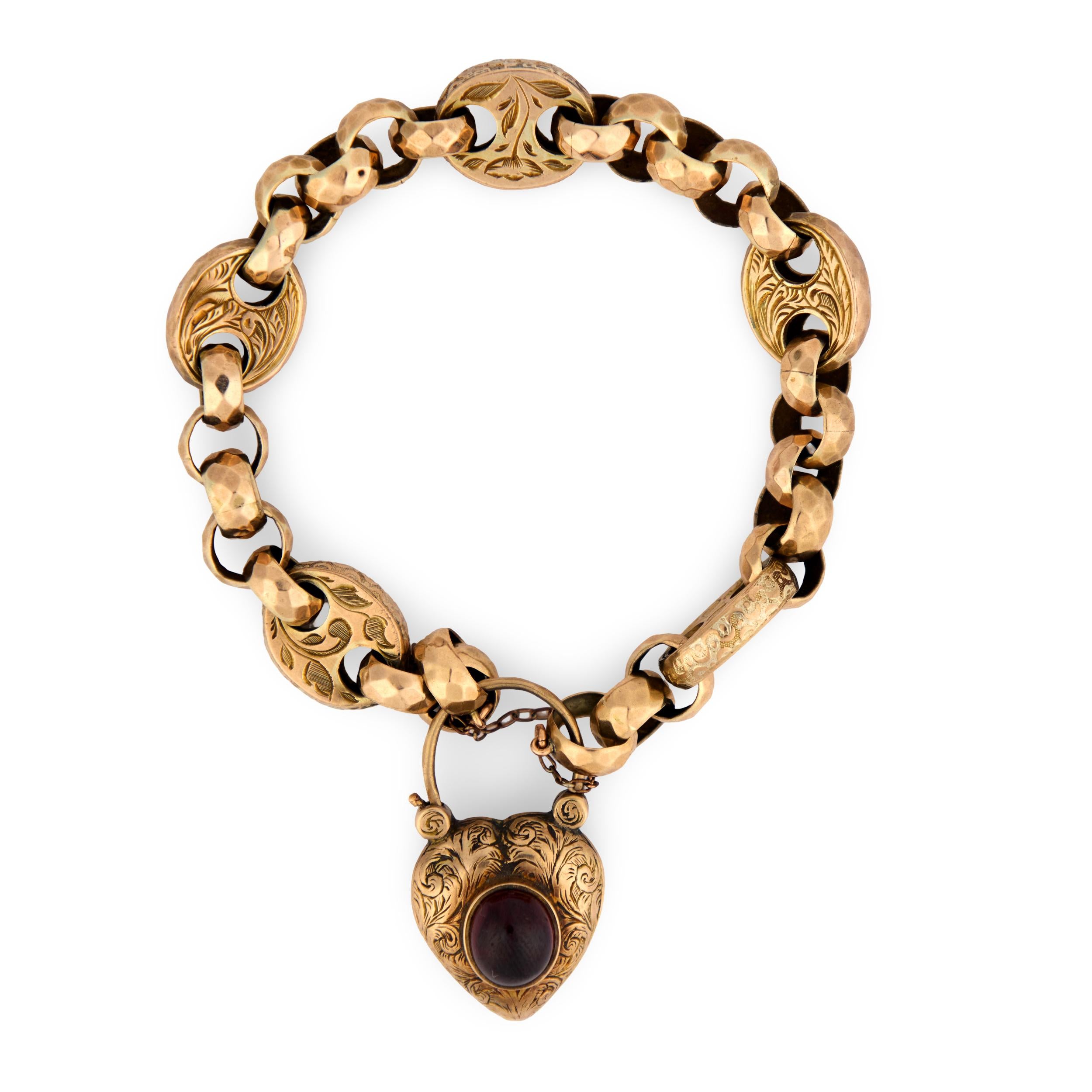 Victorian 9k Garnet Mariner Link Padlock Locket Bracelet
