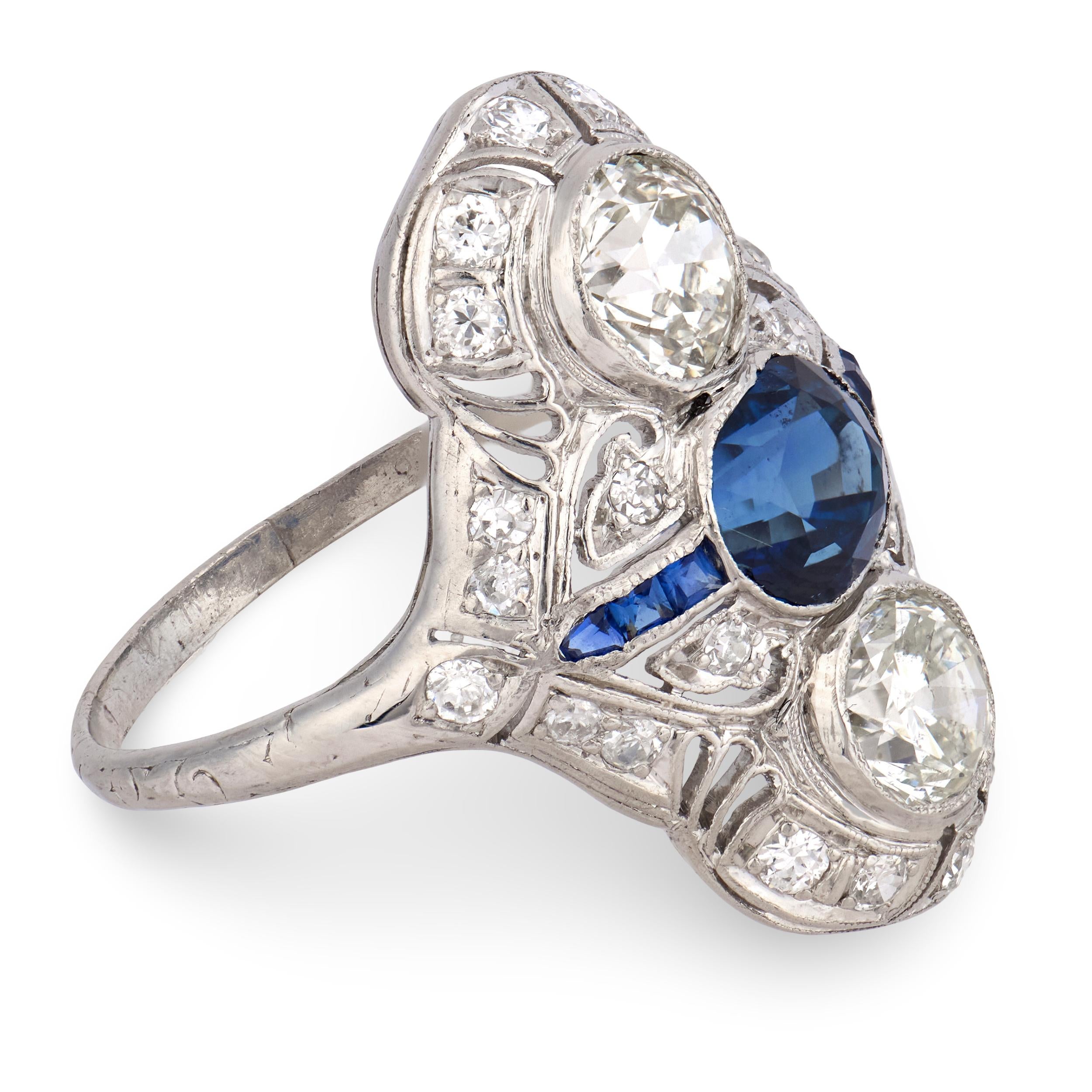 Edwardian Platinum Sapphire & Diamond Navette Ring