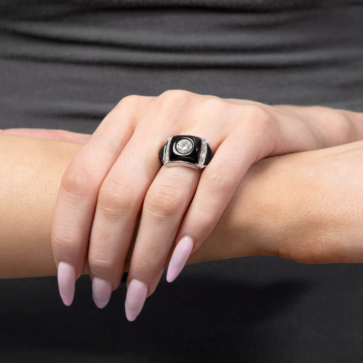 Art Deco Platinum Diamond & Onyx Engagement Ring .85ct
