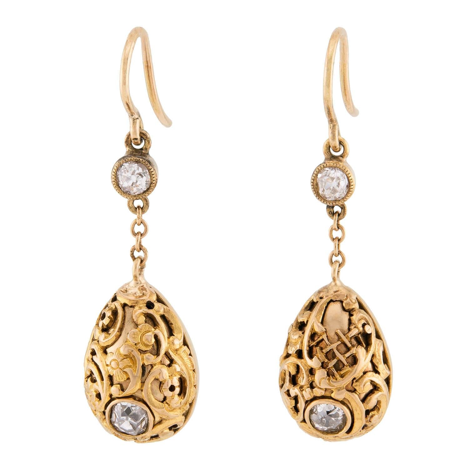 Art Nouveau 14k Diamond Repoussé Dangle Earrings