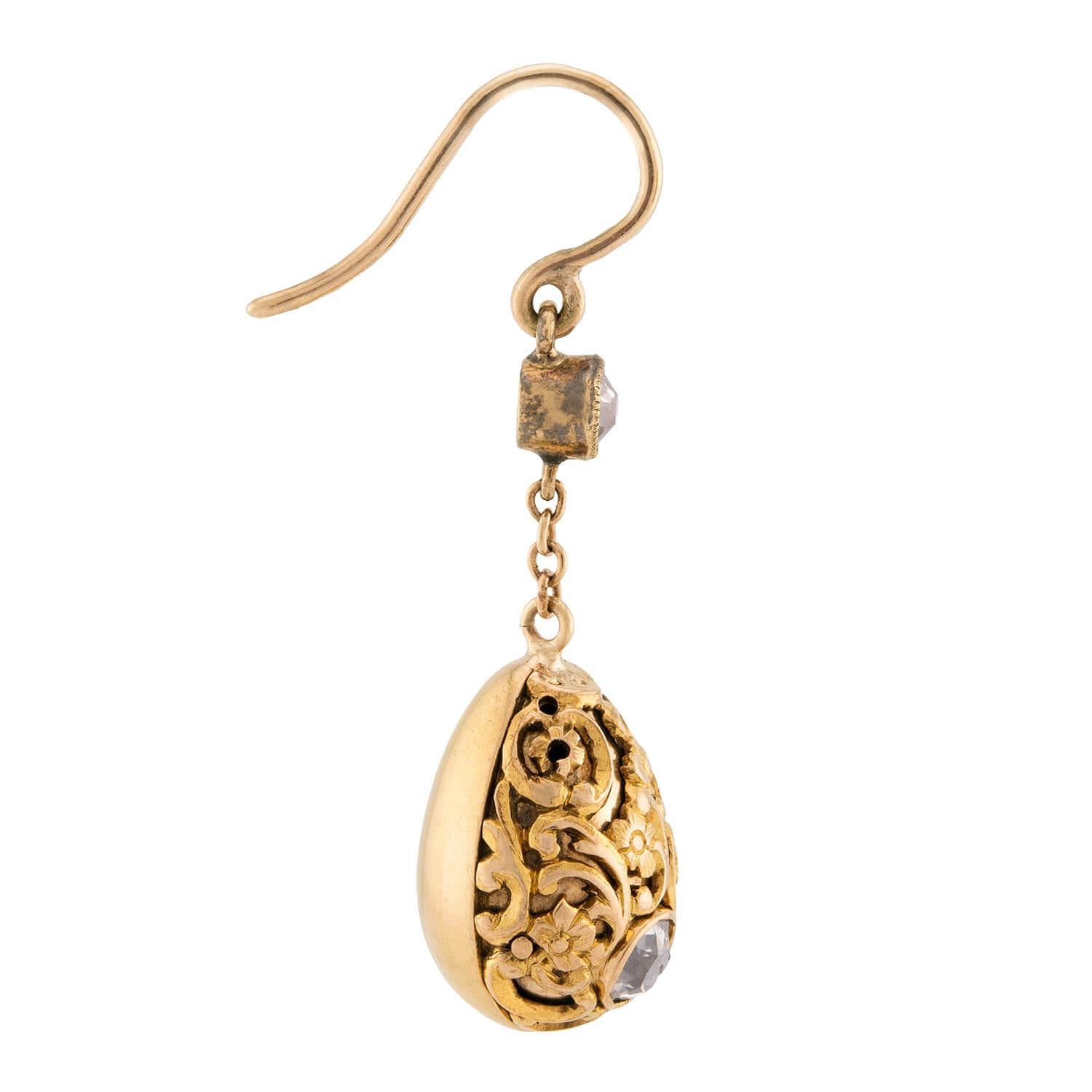 Art Nouveau 14k Diamond Repoussé Dangle Earrings