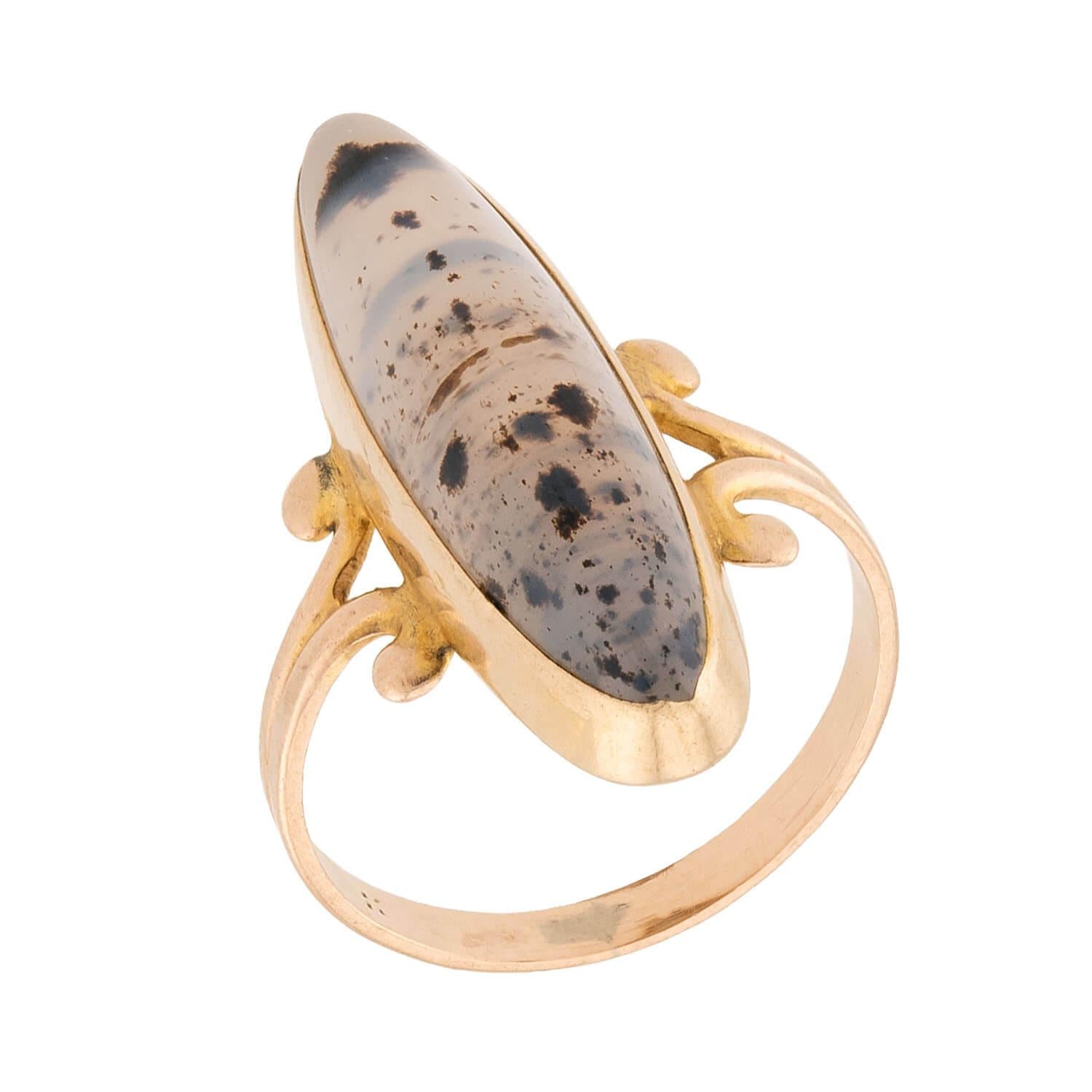 Victorian 14k Moss Agate Navette Ring