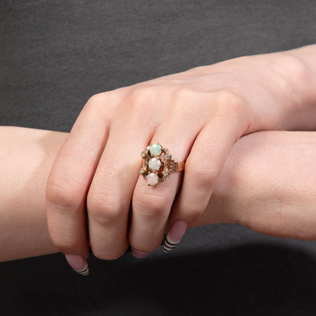 Art Nouveau 14k Opal & Diamond Navette Ring