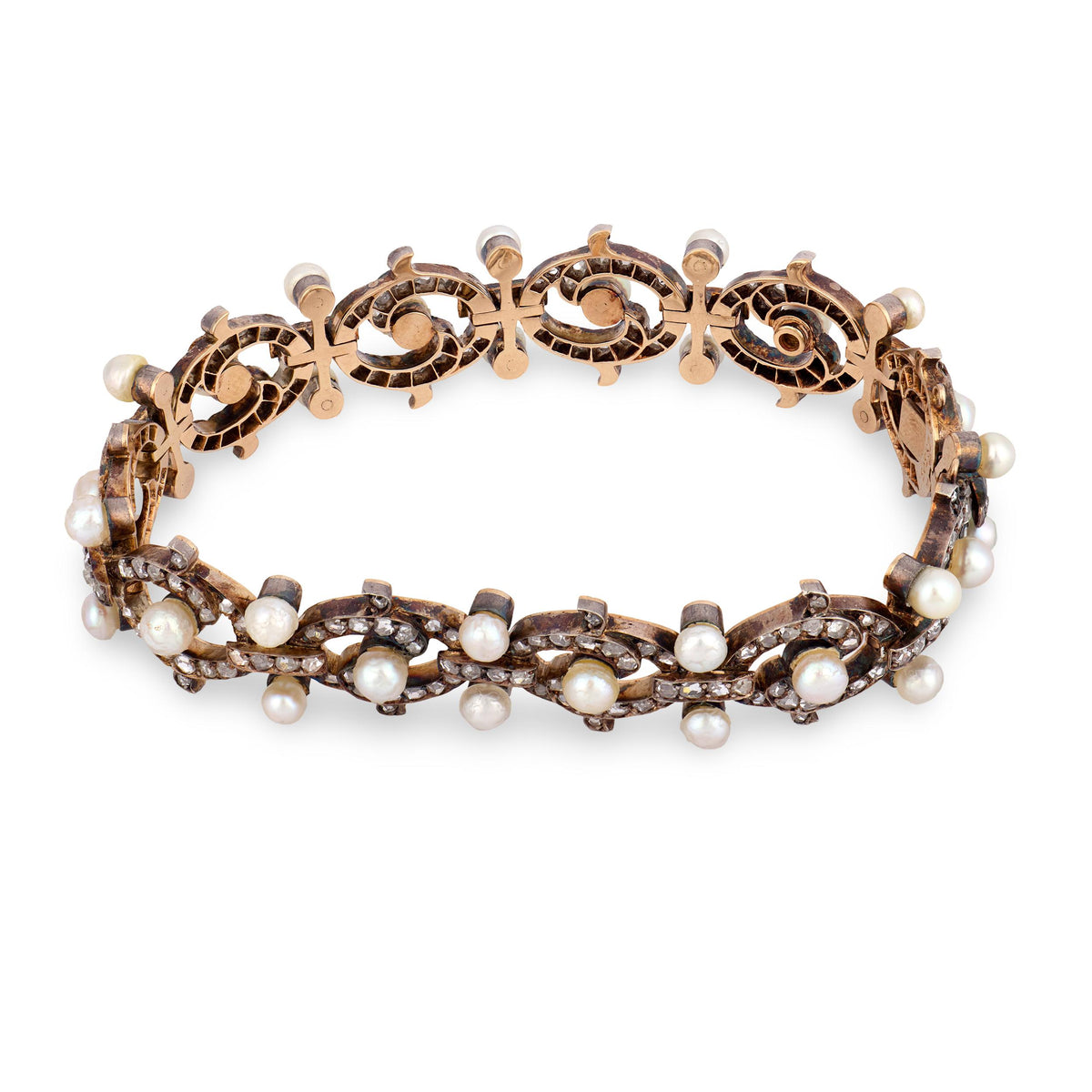 Victorian French 18k/Sterling Silver Diamond & Pearl Bracelet