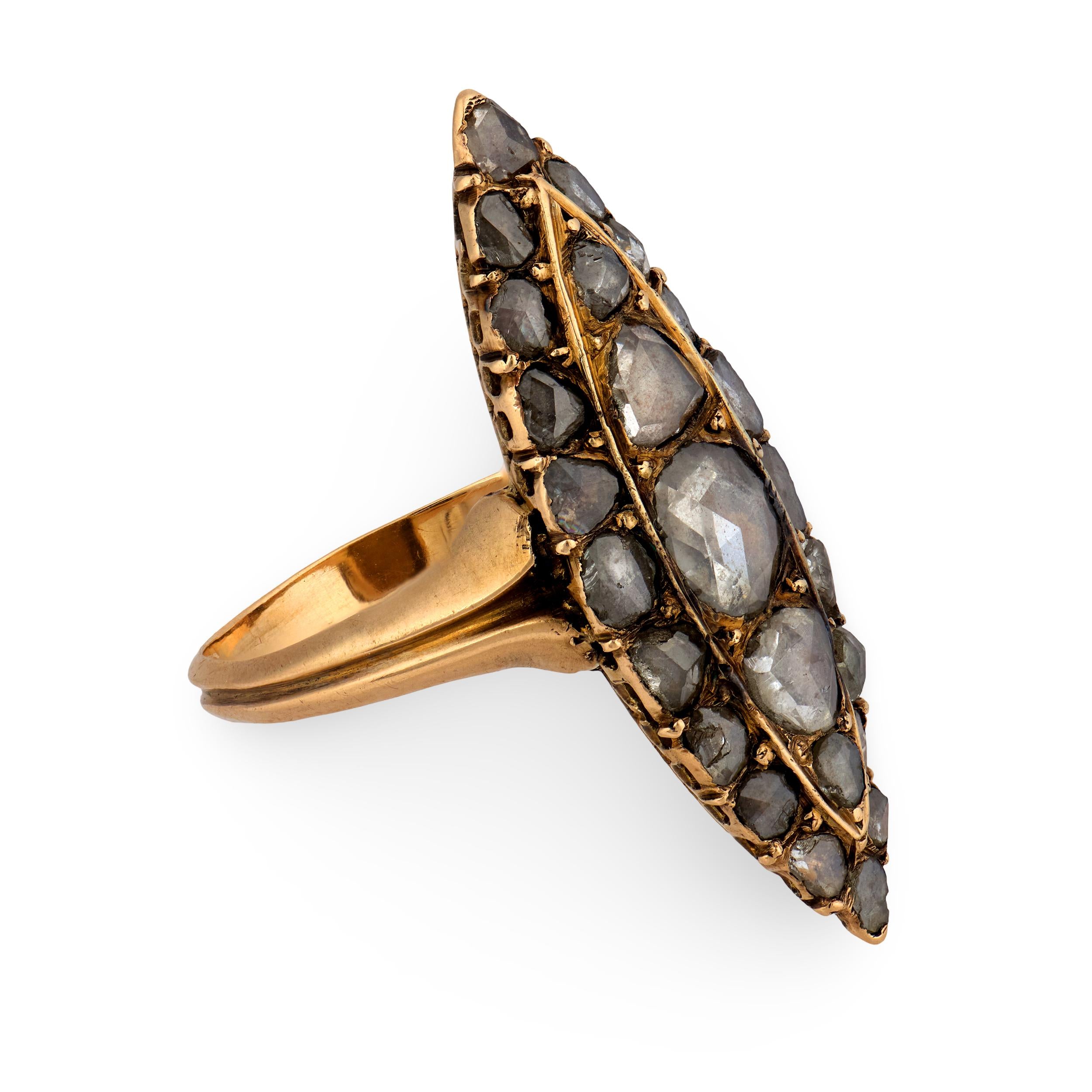 Georgian Russian 14k Diamond Navette Ring