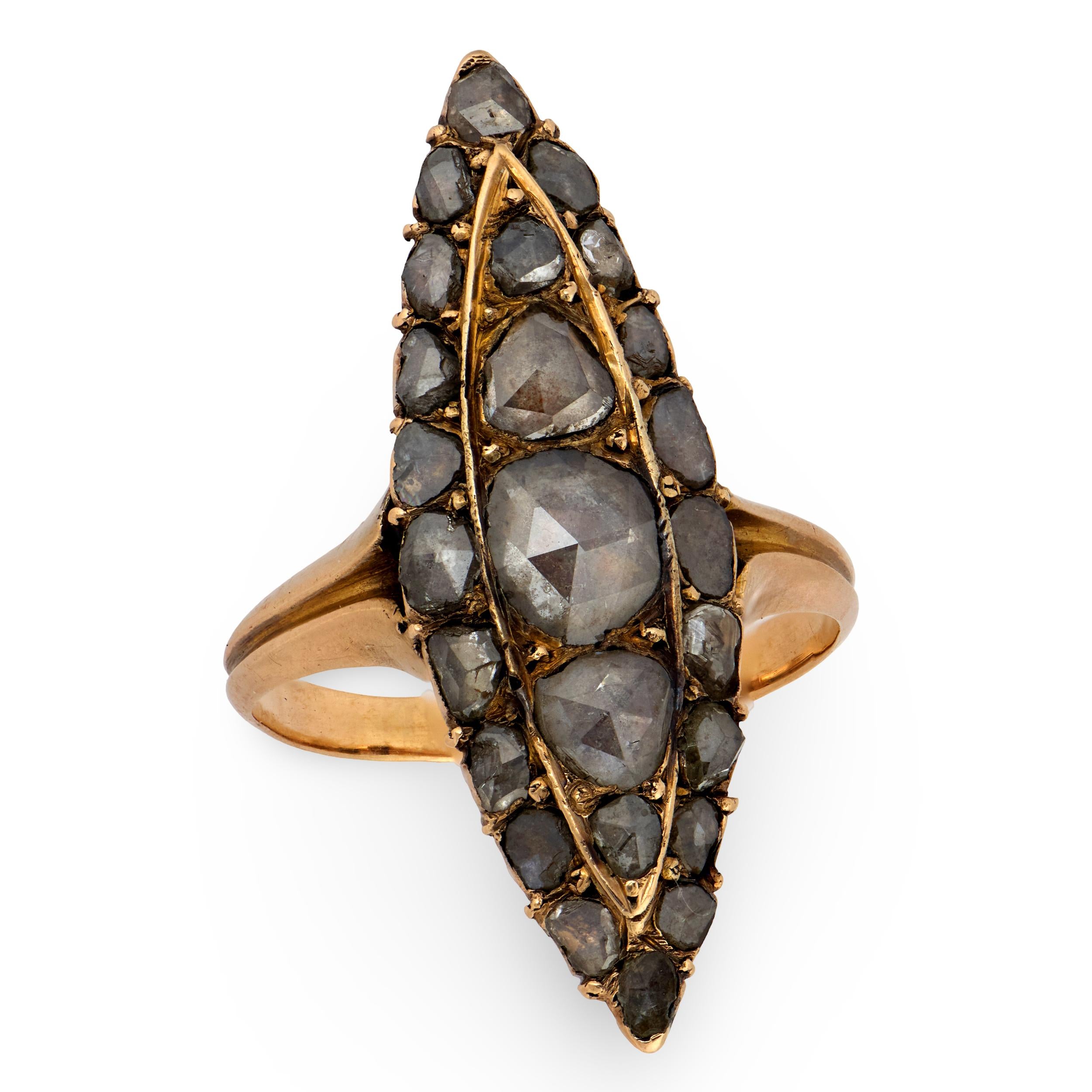 Georgian Russian 14k Diamond Navette Ring