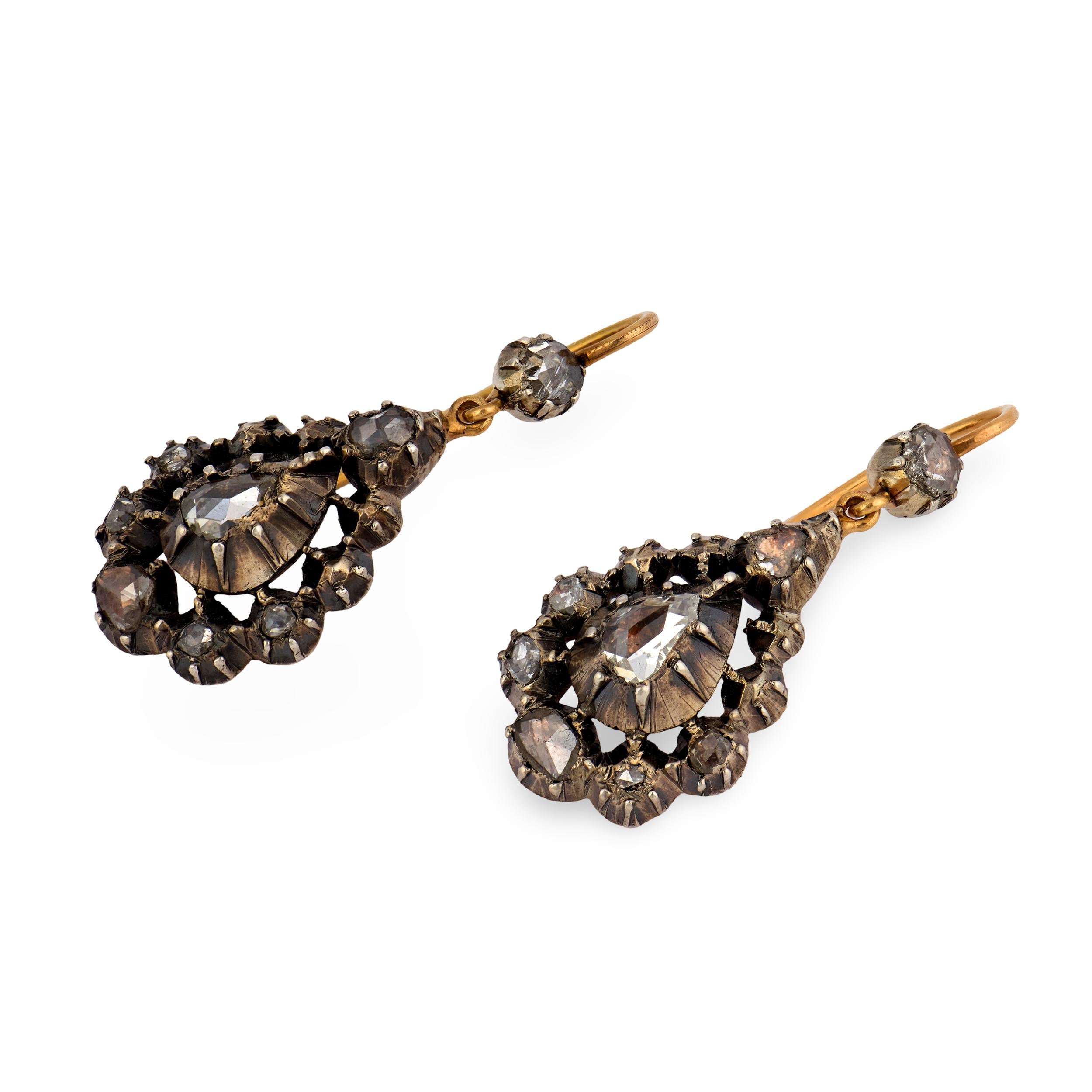 Victorian 14k/Sterling Silver Diamond Teardrop Dangle Earrings