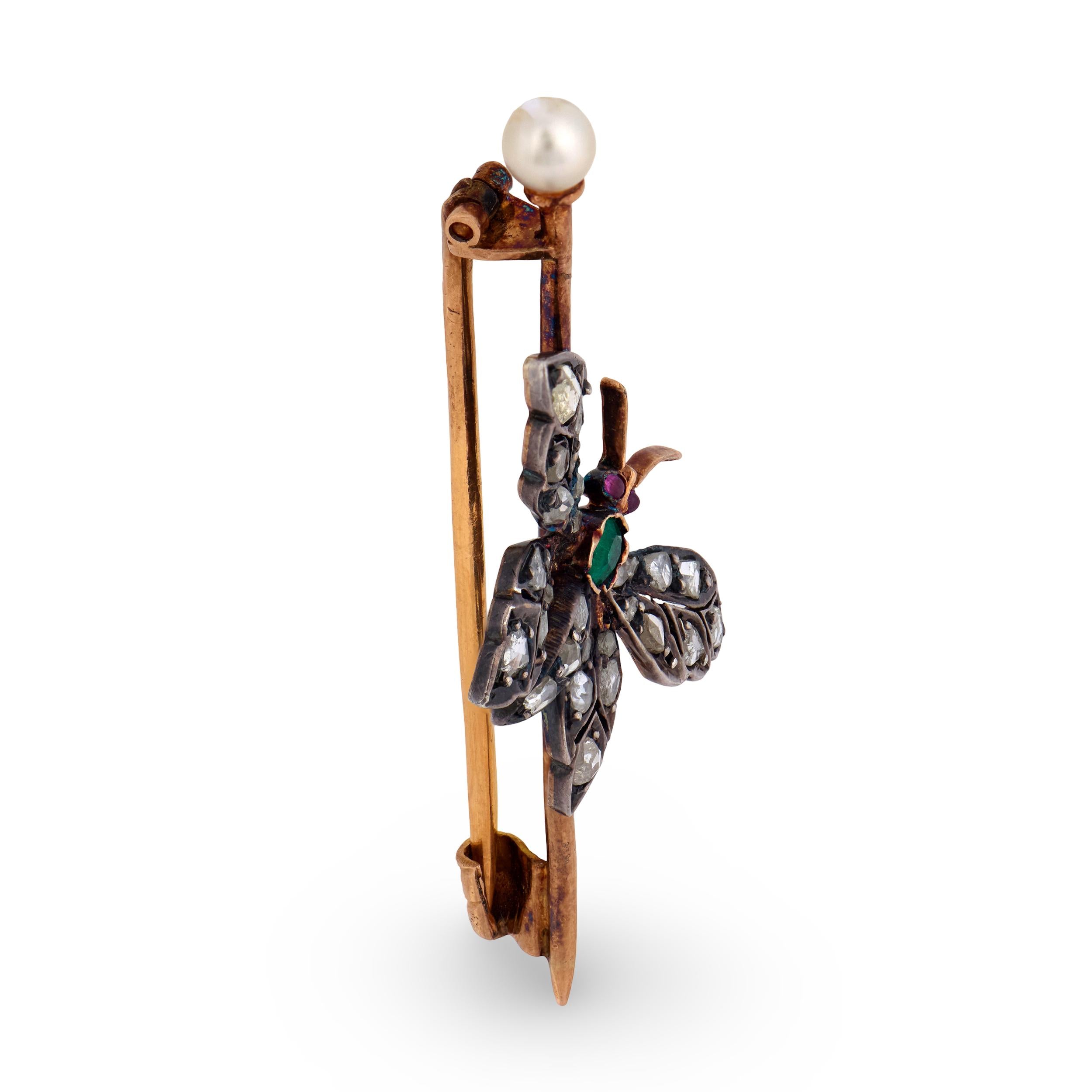 Victorian French 18k/ Silver Diamond, Emerald, Ruby, & Pearl Buttferly Pin