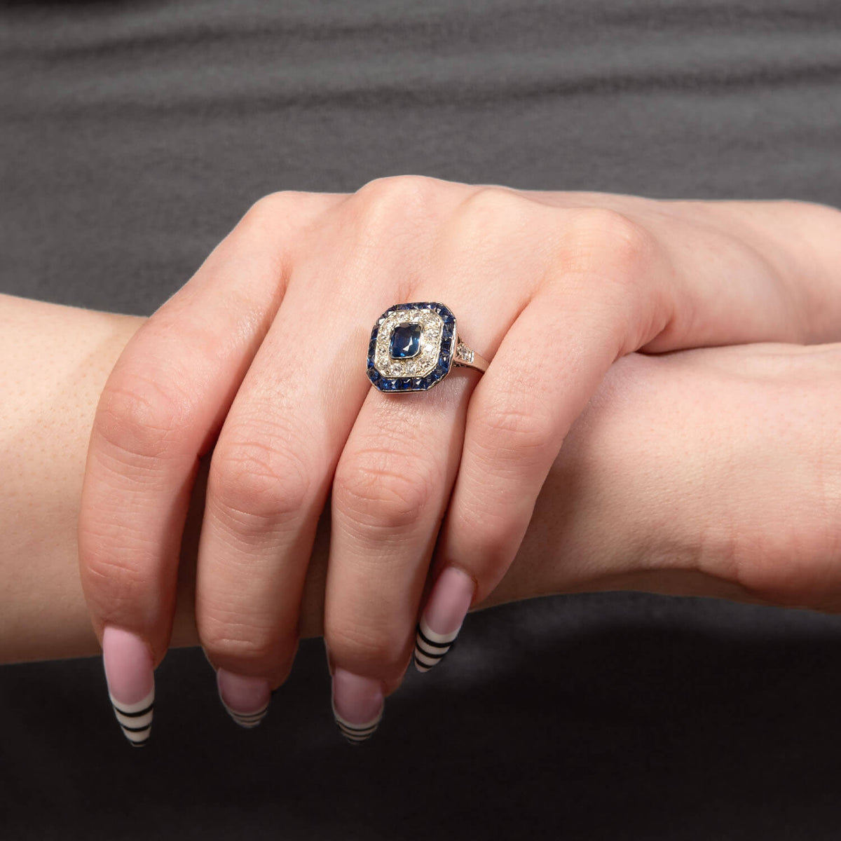 Edwardian French Platinum Sapphire & Diamond Halo Ring