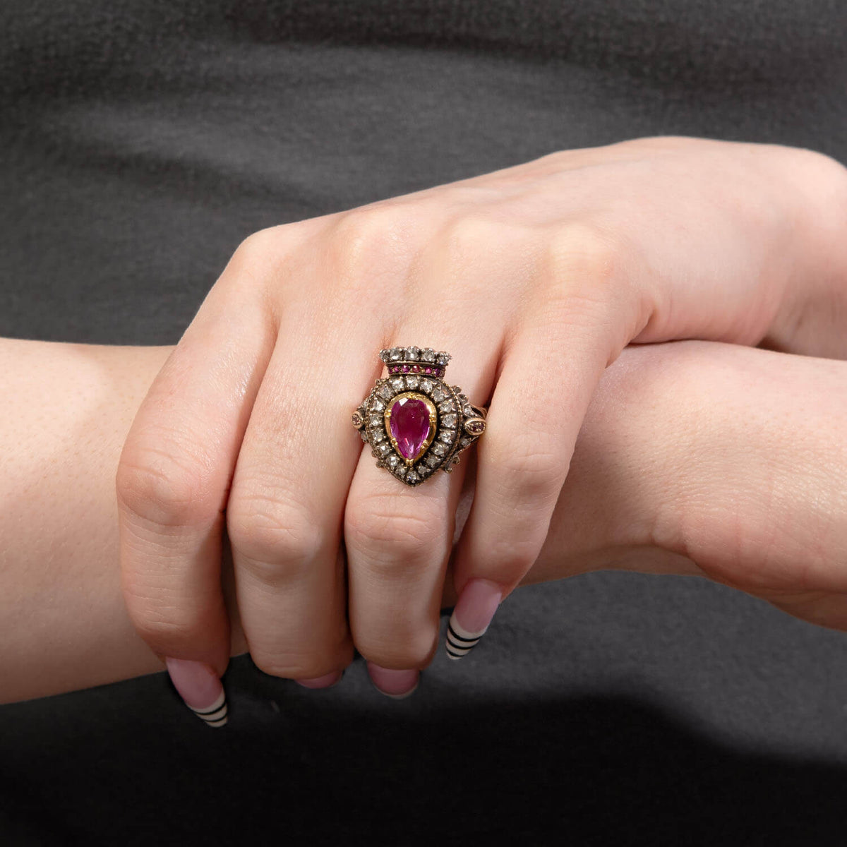 Victorian 14k/Sterling Silver Ruby & Diamond Crown Ring