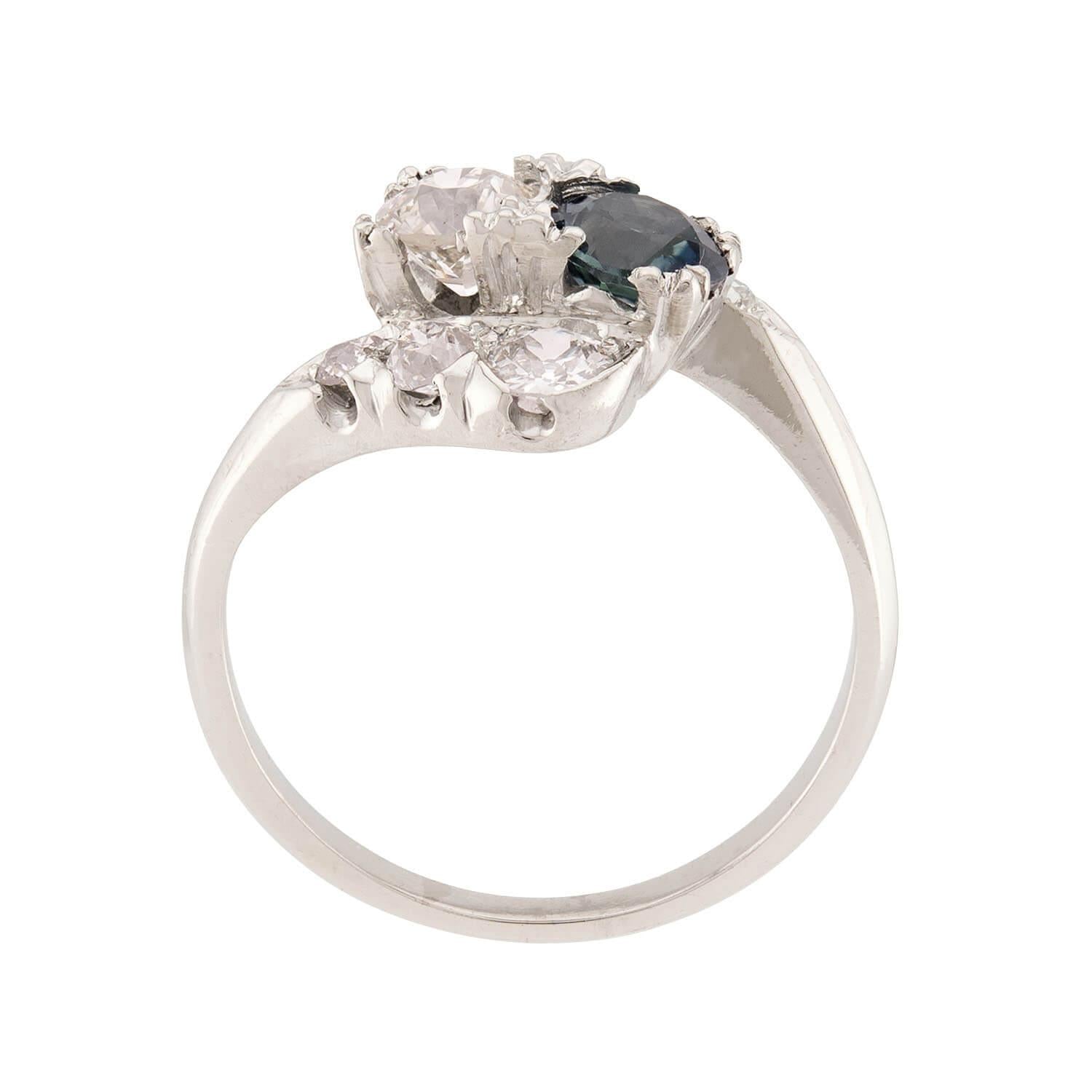 Art Deco Palladium Diamond & Sapphire Bypass Ring