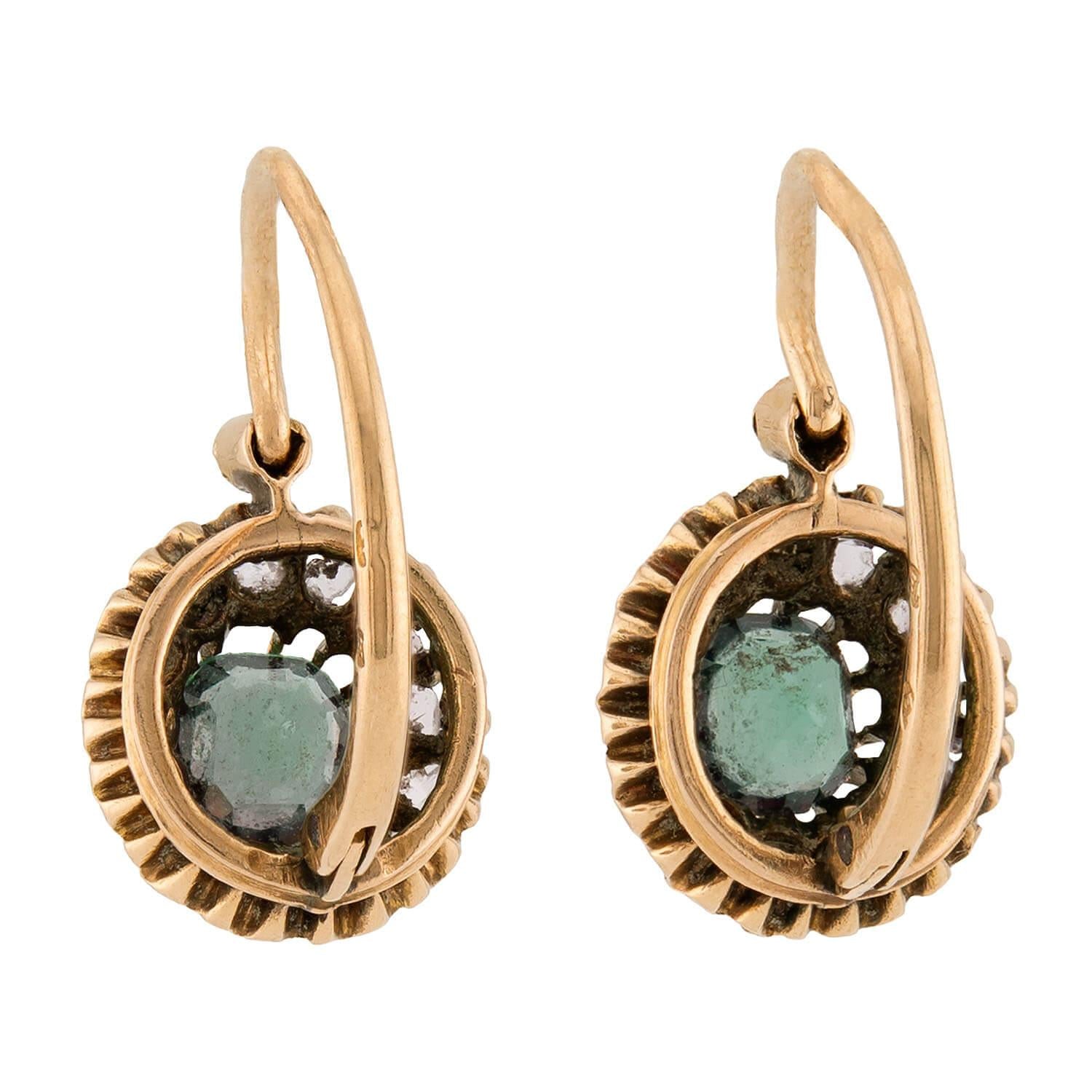 Victorian 14k Emerald & Diamond Halo Earrings