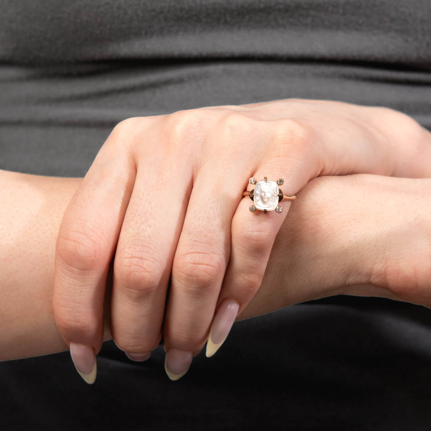 Art Nouveau 14k Moonstone & Diamond Intaglio Ring
