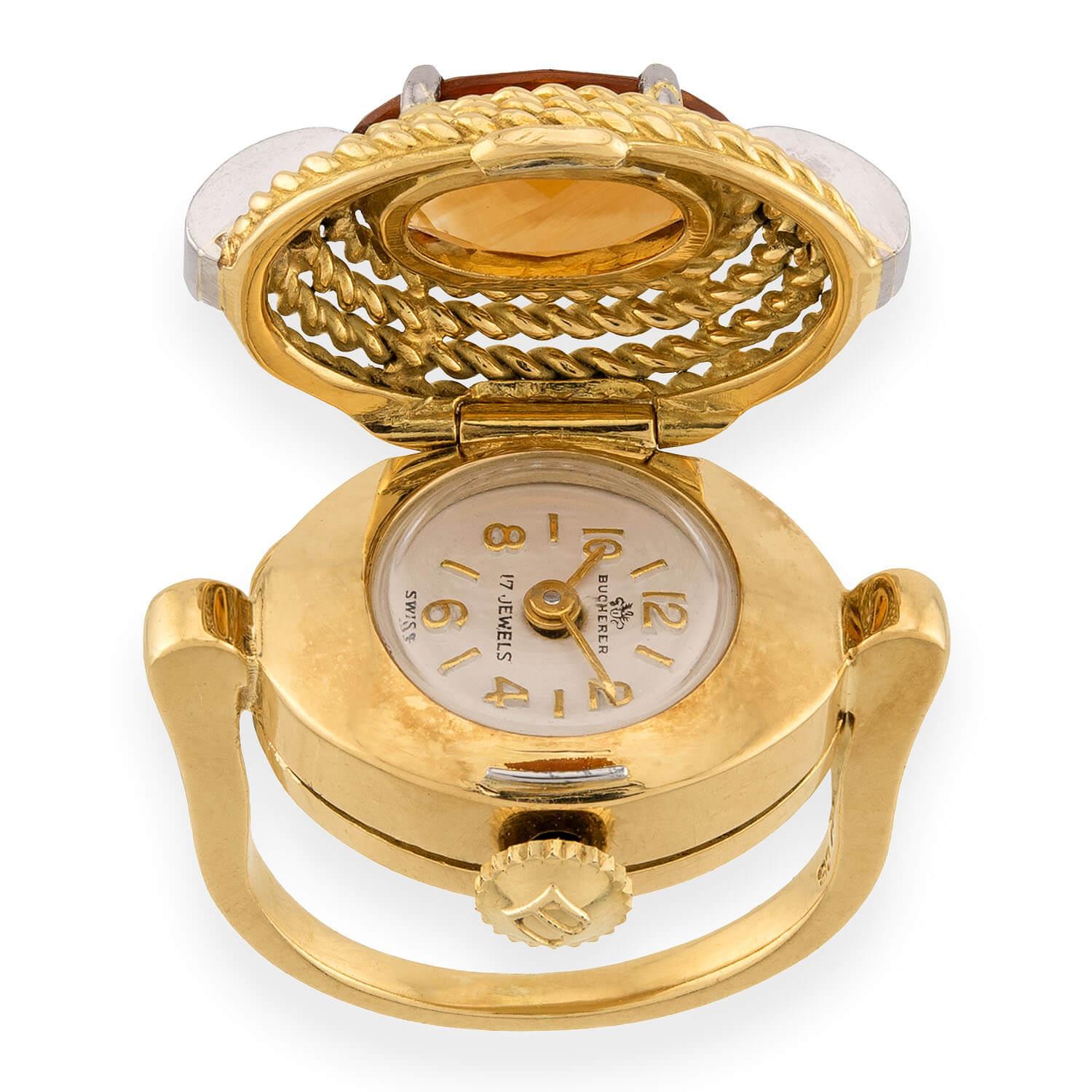 BUCHERER Vintage 18k Citrine & Diamond Watch Ring