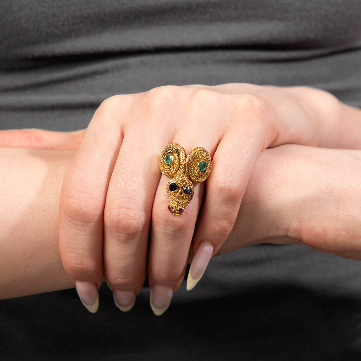 LALOUNIS Estate Greek 18k Sapphire, Ruby, & Emerald Snake Ring