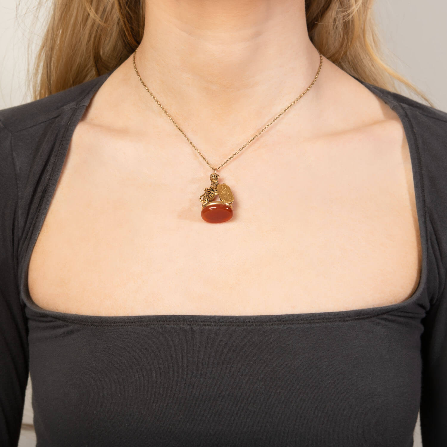 Victorian French 18k Carnelian, Diamond, & Enamel Tiger Fob