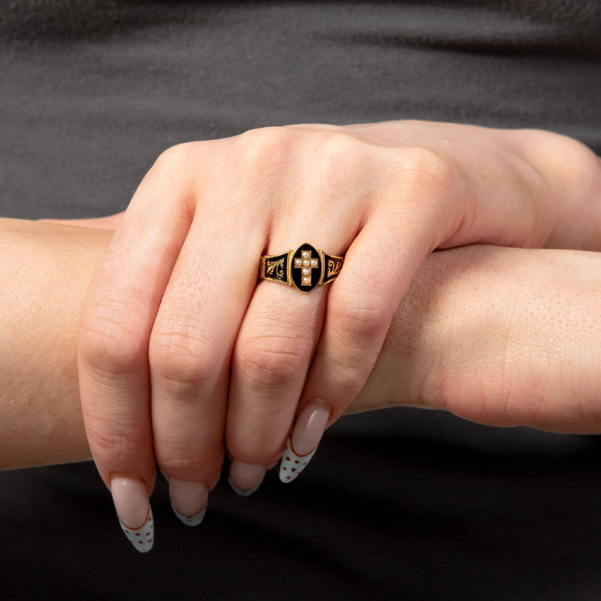 Victorian English 18k Pearl & Enamel Mourning Ring