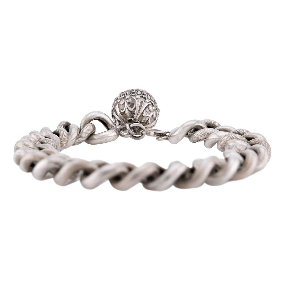 Victorian French Sterling Silver Curb Link & Repoussé Ball Charm Bracelet