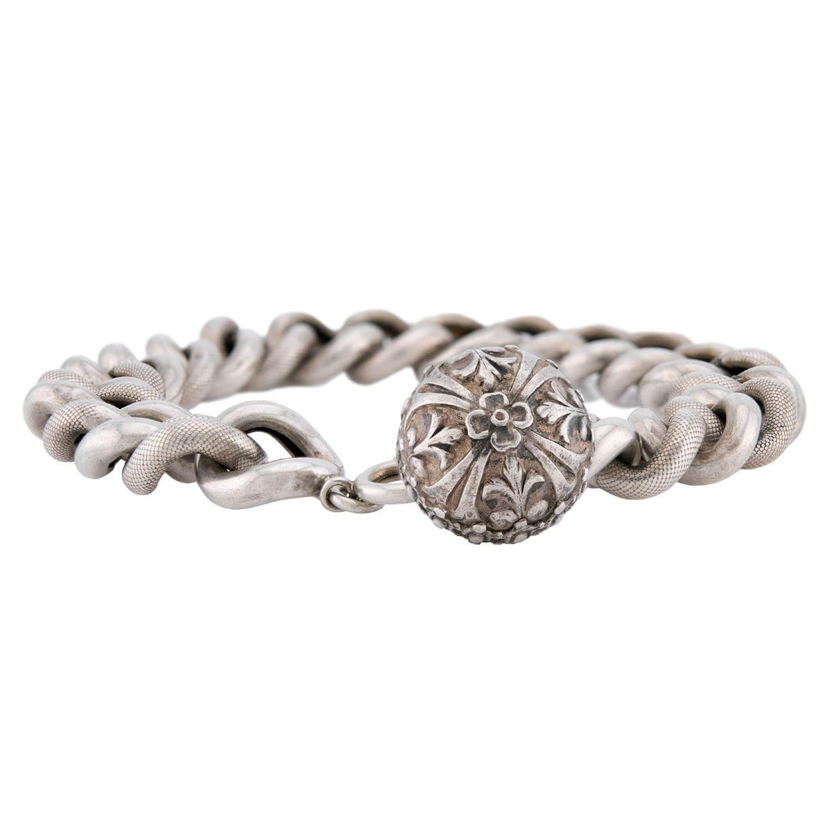 Victorian French Sterling Silver Curb Link & Repoussé Ball Charm Bracelet