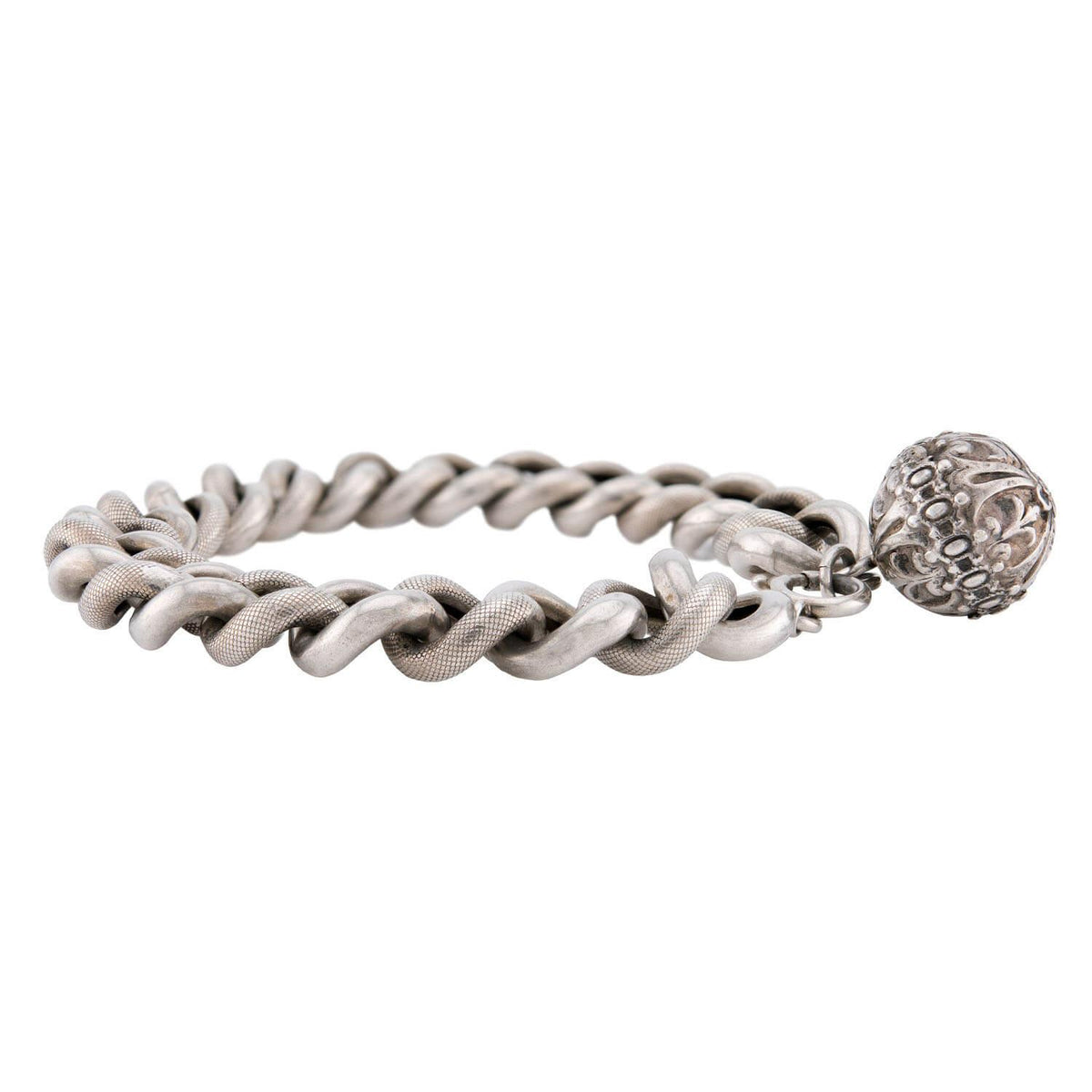 Victorian French Sterling Silver Curb Link & Repoussé Ball Charm Bracelet