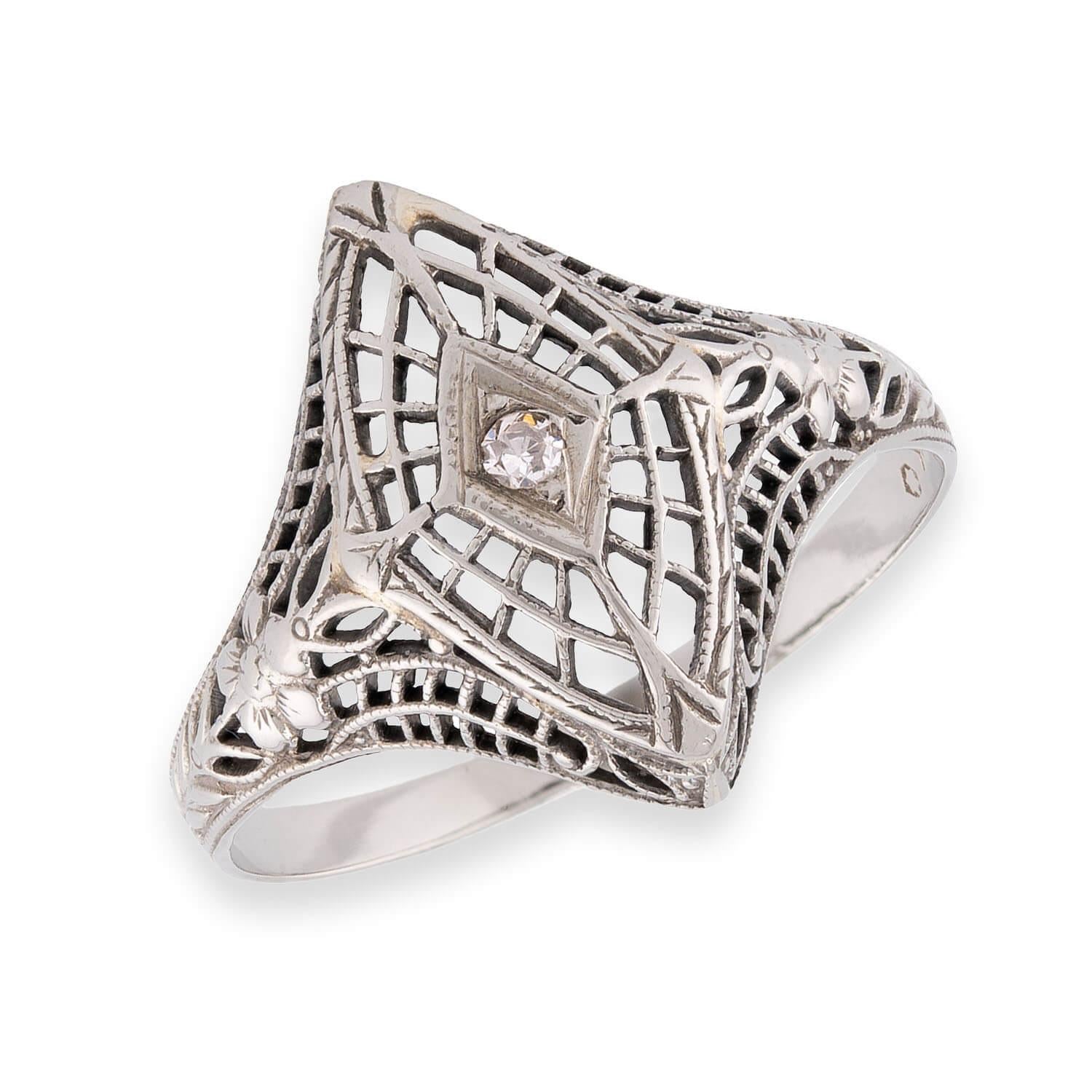 Art Deco 14k Diamond Filigree Navette Ring