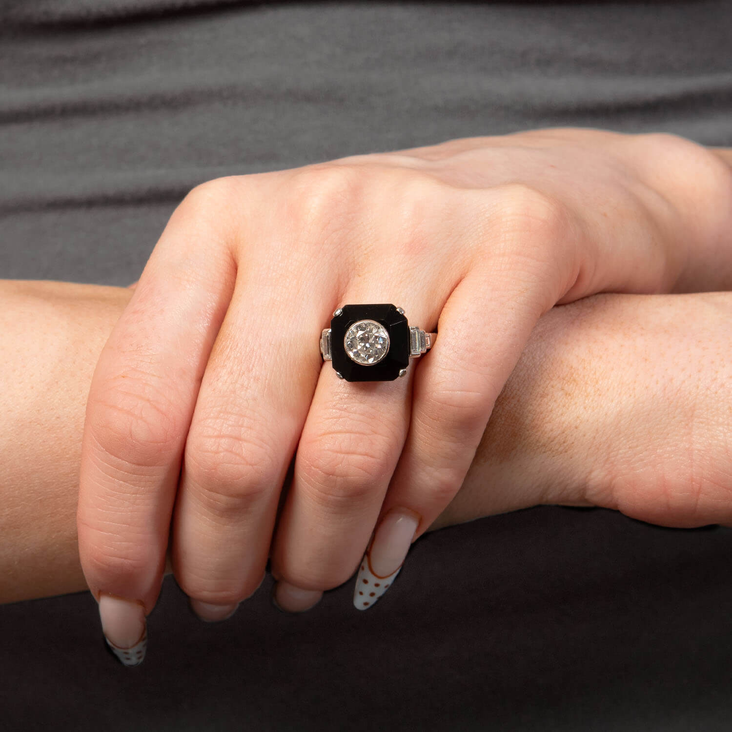Art Deco Platinum Diamond & Onyx Engagement Ring 1.70ct
