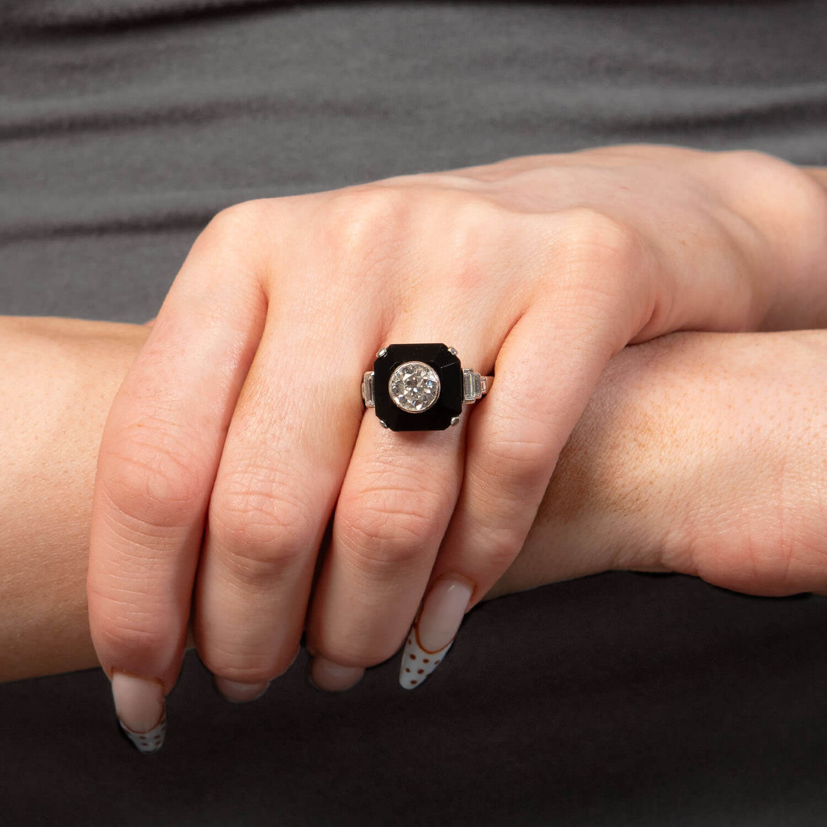 Art Deco Platinum Diamond & Onyx Engagement Ring 1.70ct